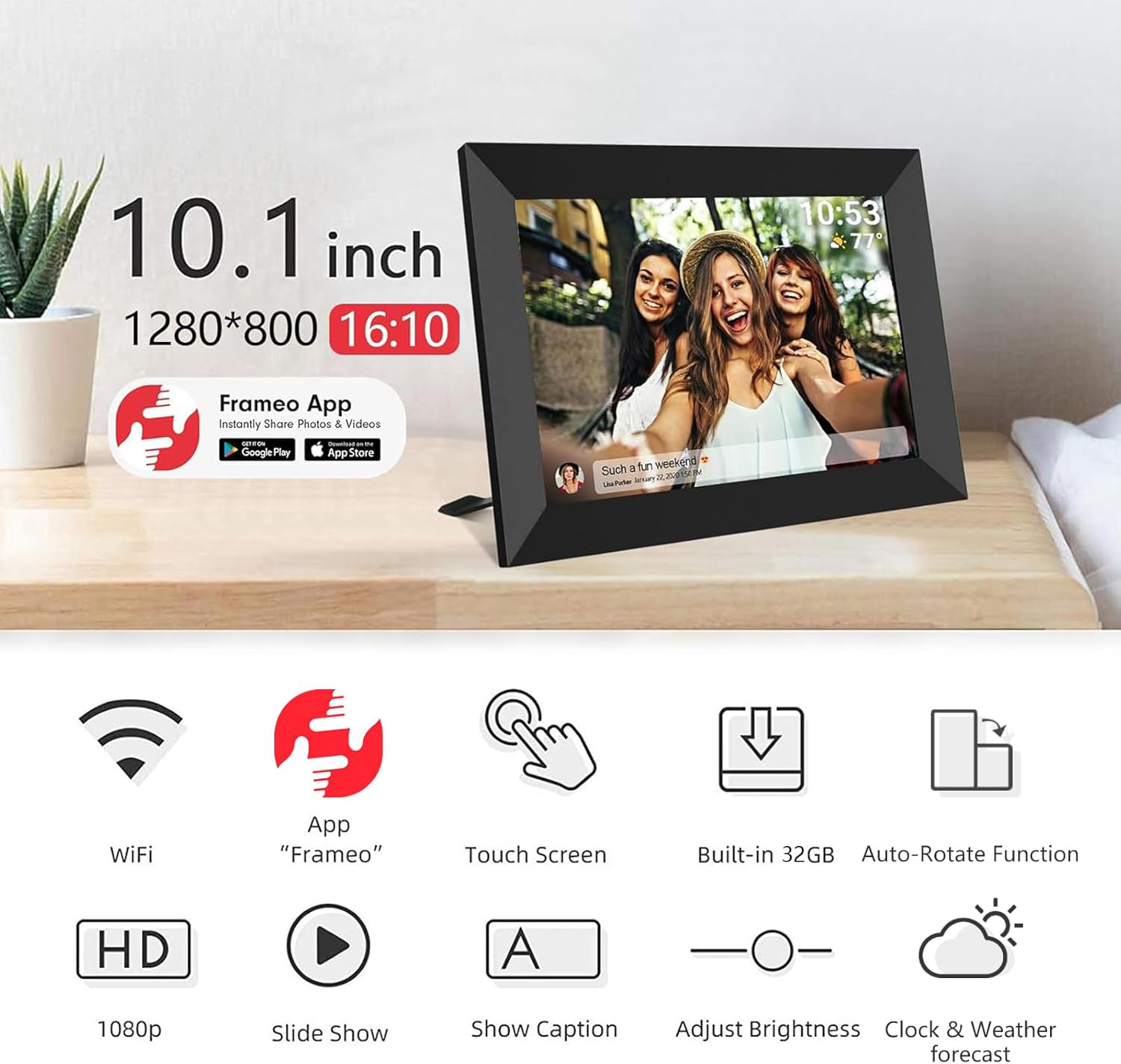 Frameo 10.1 Inch 32GB Digital Picture Frame, IPS HD Touch Screen, Photo Frame with Auto-Rotate Instant Share Photo/Video Sharing via Frameo App, Gift for Mom