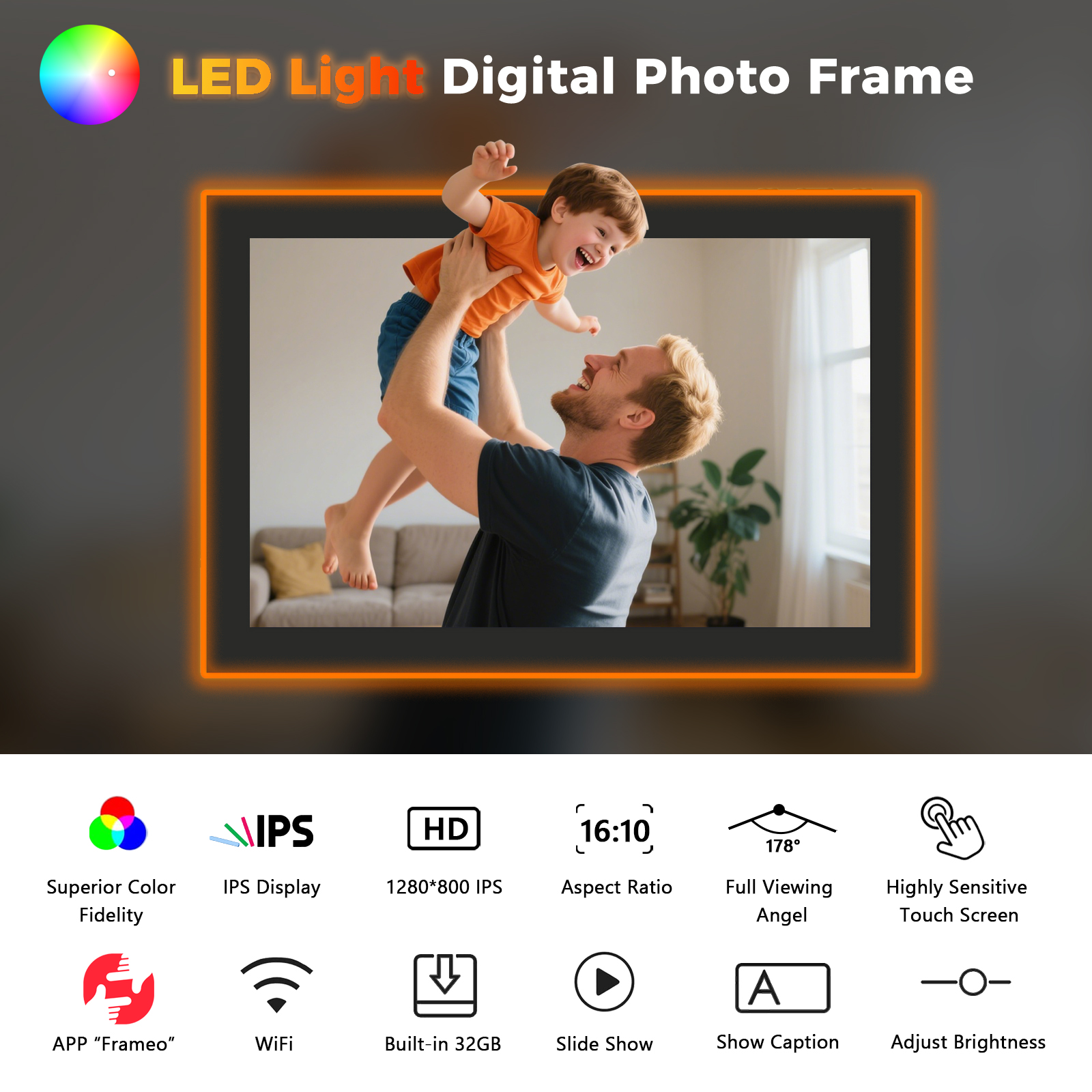 AKImart 10.1 inch Edge-Light  Digital Photo Frame, IPS Display, AI Color-Changing LED Strip Digital Photo Frame, Quick Share Photos/Videos, Easy Setup in Frameo App, Best Digital Frame for Gifting