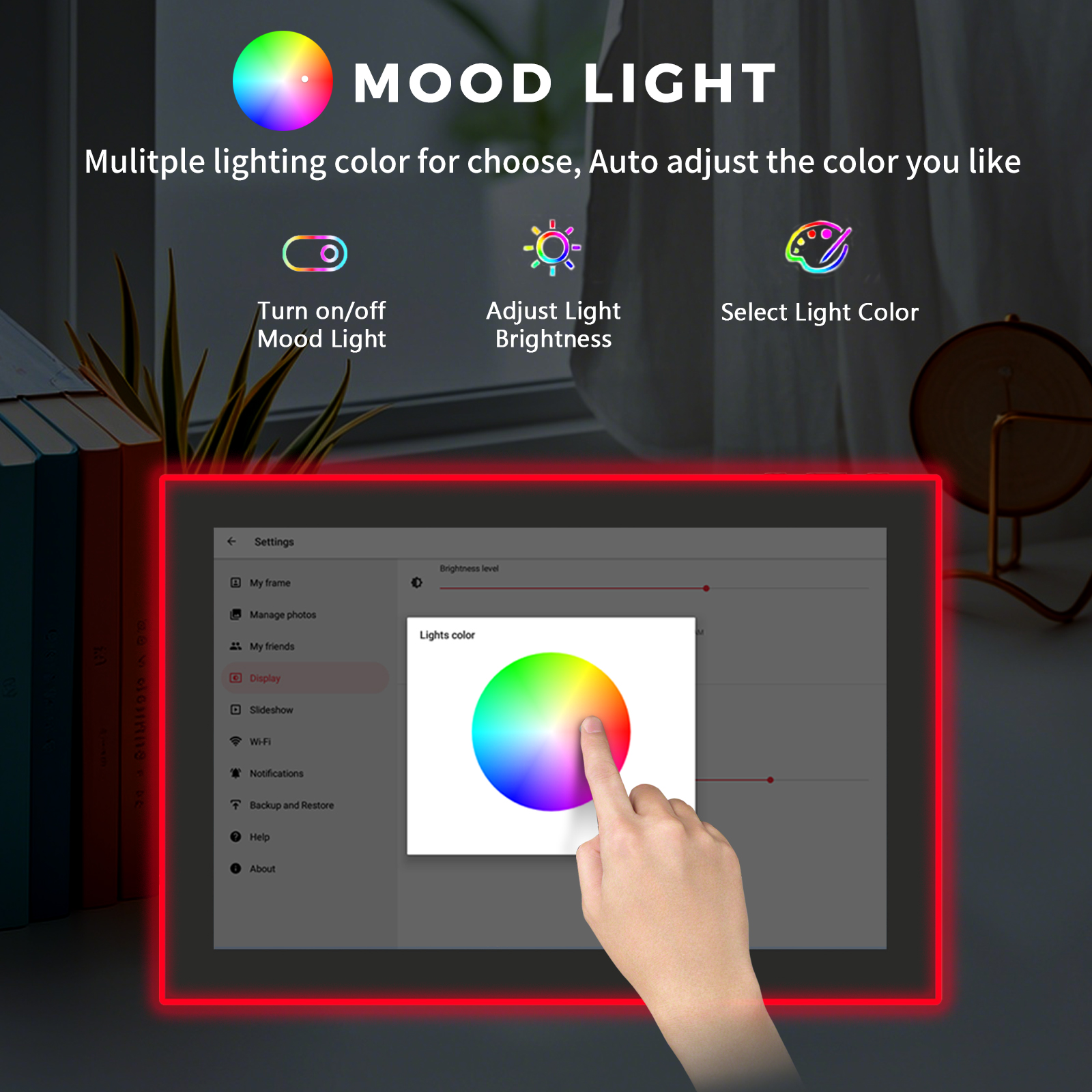 AKImart 10.1 inch Edge-Light  Digital Photo Frame, IPS Display, AI Color-Changing LED Strip Digital Photo Frame, Quick Share Photos/Videos, Easy Setup in Frameo App, Best Digital Frame for Gifting