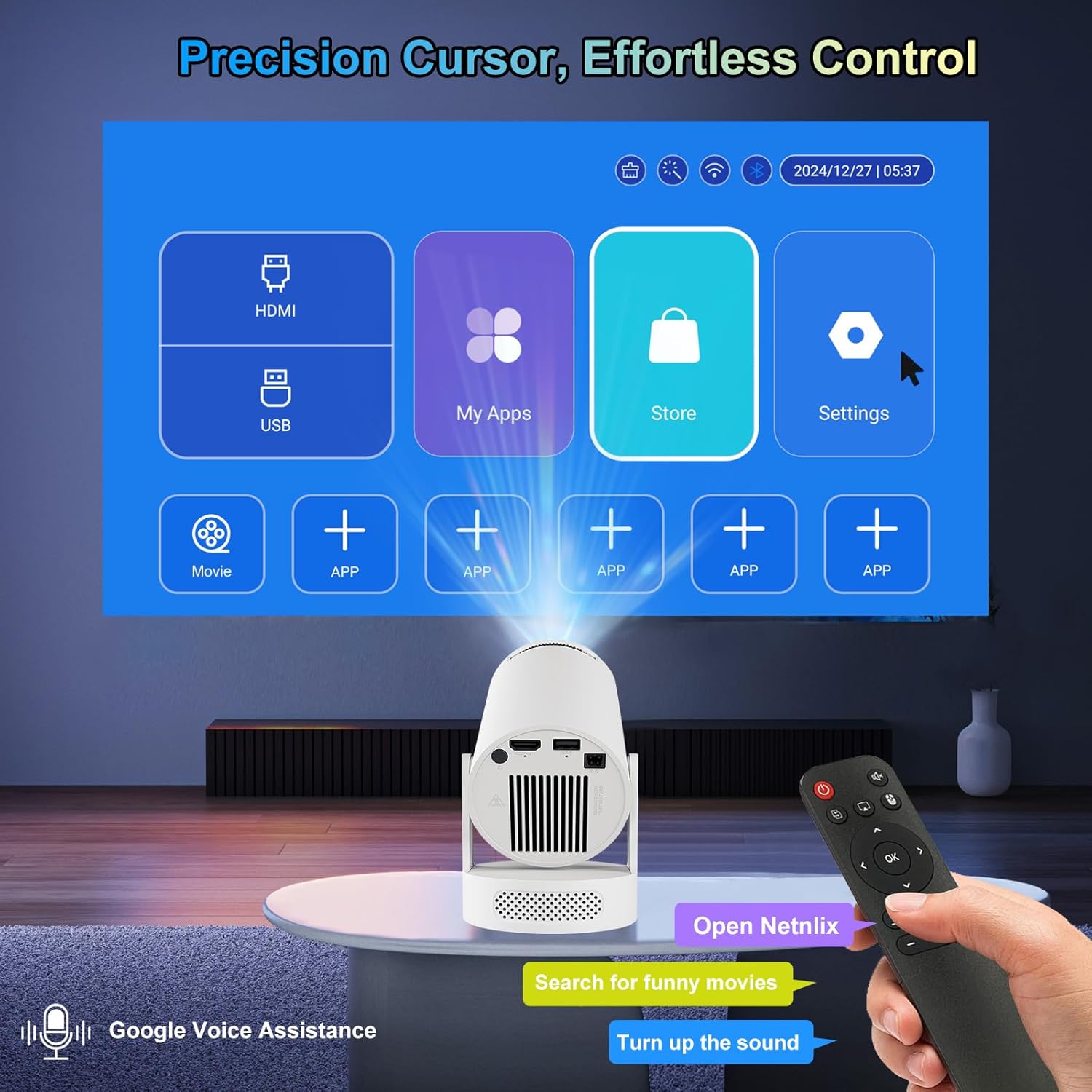 Akimart Mini Projector 4K Support with Dual-Band WIFI6 5G Wireless 5.4 Bluetooth Android 11, Soundbase Speaker, Manual Focus, Auto Vertical Keystone 180°Rotatable Portable Proyector for Home Bedroom
