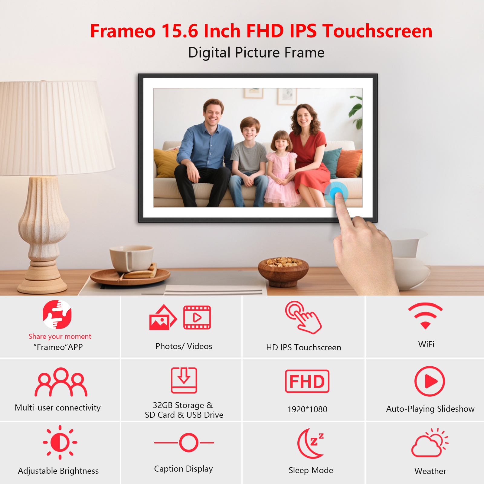Frameo 15.6 Inch 32GB Digital Picture Frame–(Black and White), IPS HD Touch Screen, 32GB Storage, Photo Frame with Auto-Rotate Instant Share Photo/Video Sharing via Frameo App, Gift for Mom