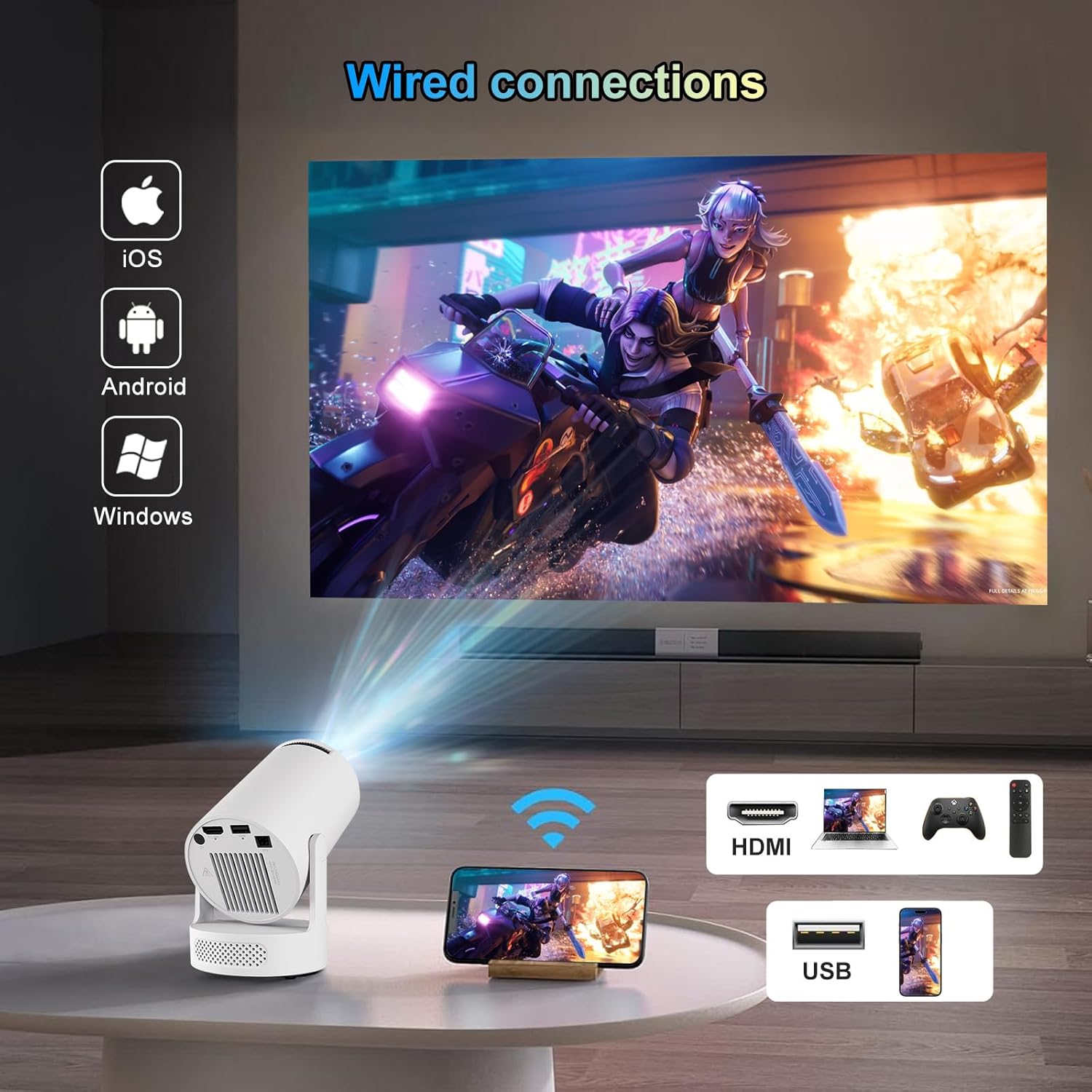 Akimart Mini Projector 4K Support with Dual-Band WIFI6 5G Wireless 5.4 Bluetooth Android 11, Soundbase Speaker, Manual Focus, Auto Vertical Keystone 180°Rotatable Portable Proyector for Home Bedroom