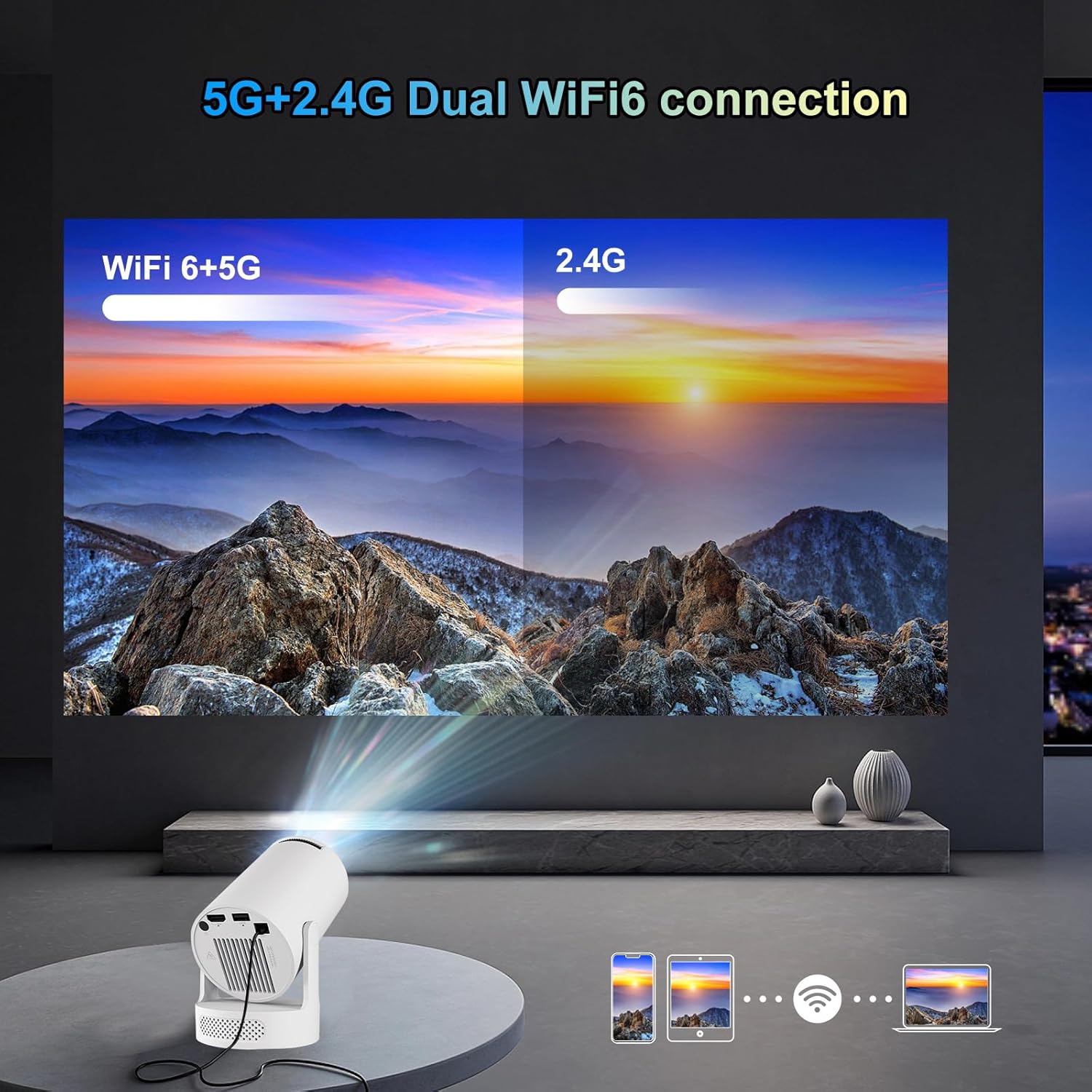 Akimart Mini Projector 4K Support with Dual-Band WIFI6 5G Wireless 5.4 Bluetooth Android 11, Soundbase Speaker, Manual Focus, Auto Vertical Keystone 180°Rotatable Portable Proyector for Home Bedroom
