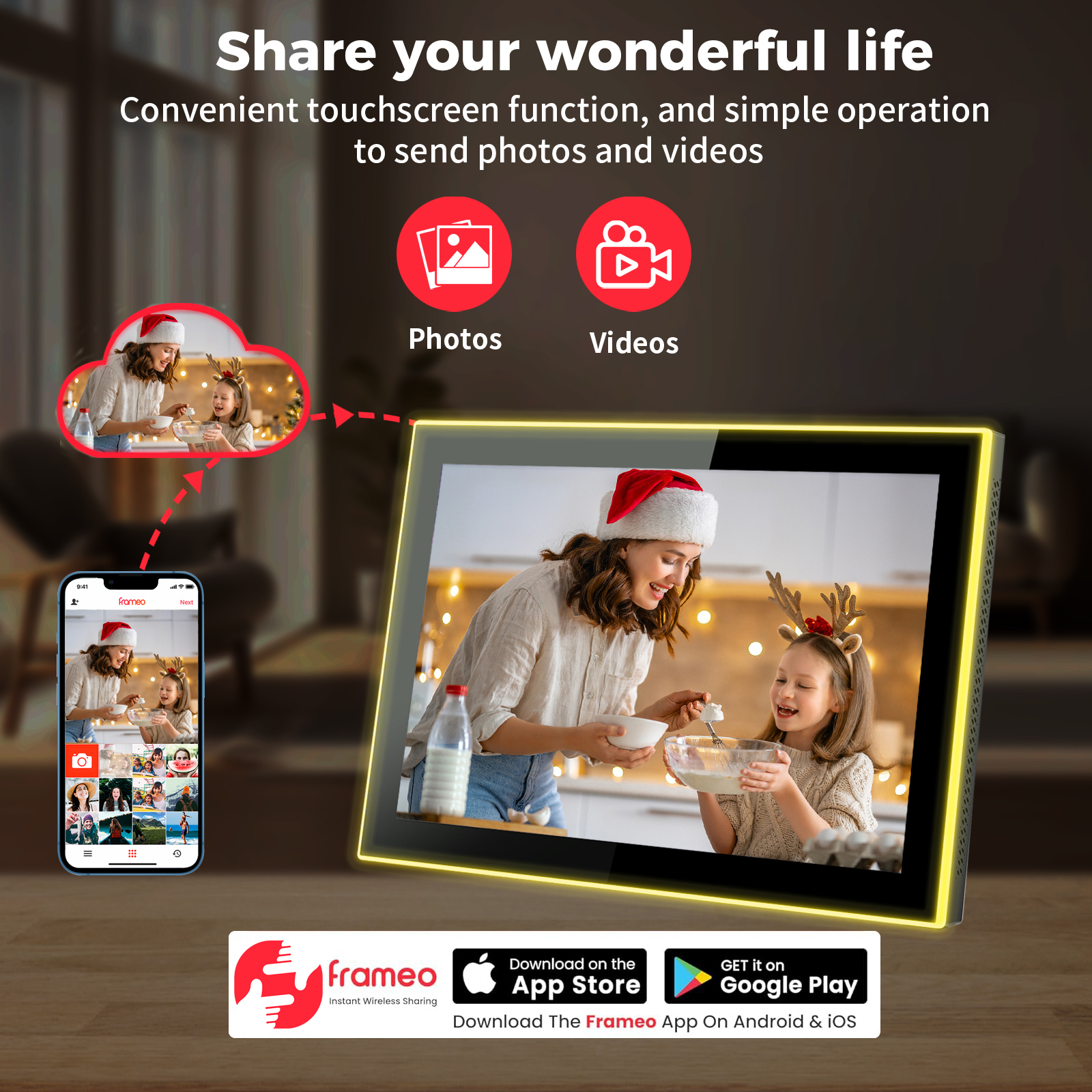 AKImart 10.1 inch Edge-Light  Digital Photo Frame, IPS Display, AI Color-Changing LED Strip Digital Photo Frame, Quick Share Photos/Videos, Easy Setup in Frameo App, Best Digital Frame for Gifting
