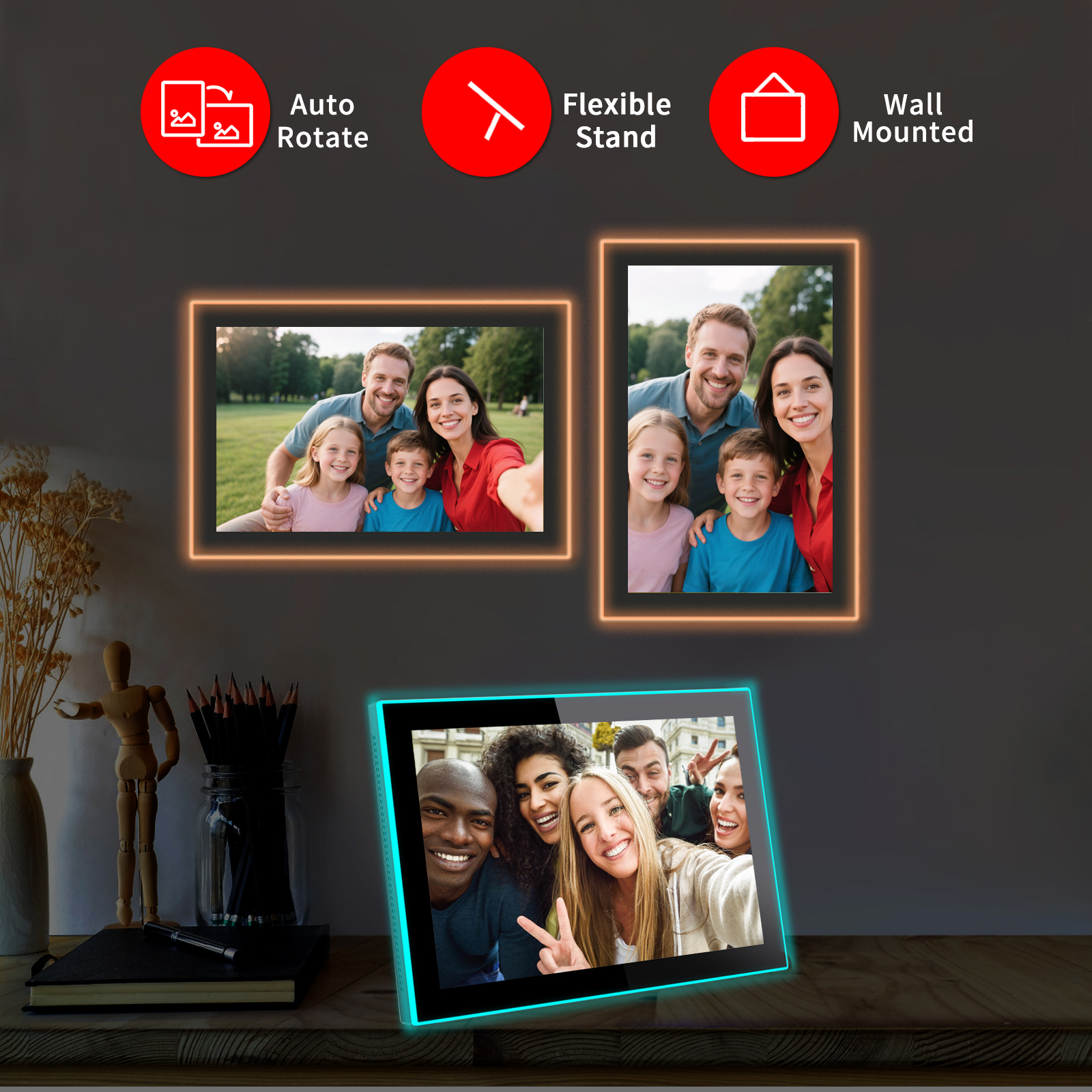 AKImart 10.1 inch Edge-Light  Digital Photo Frame, IPS Display, AI Color-Changing LED Strip Digital Photo Frame, Quick Share Photos/Videos, Easy Setup in Frameo App, Best Digital Frame for Gifting