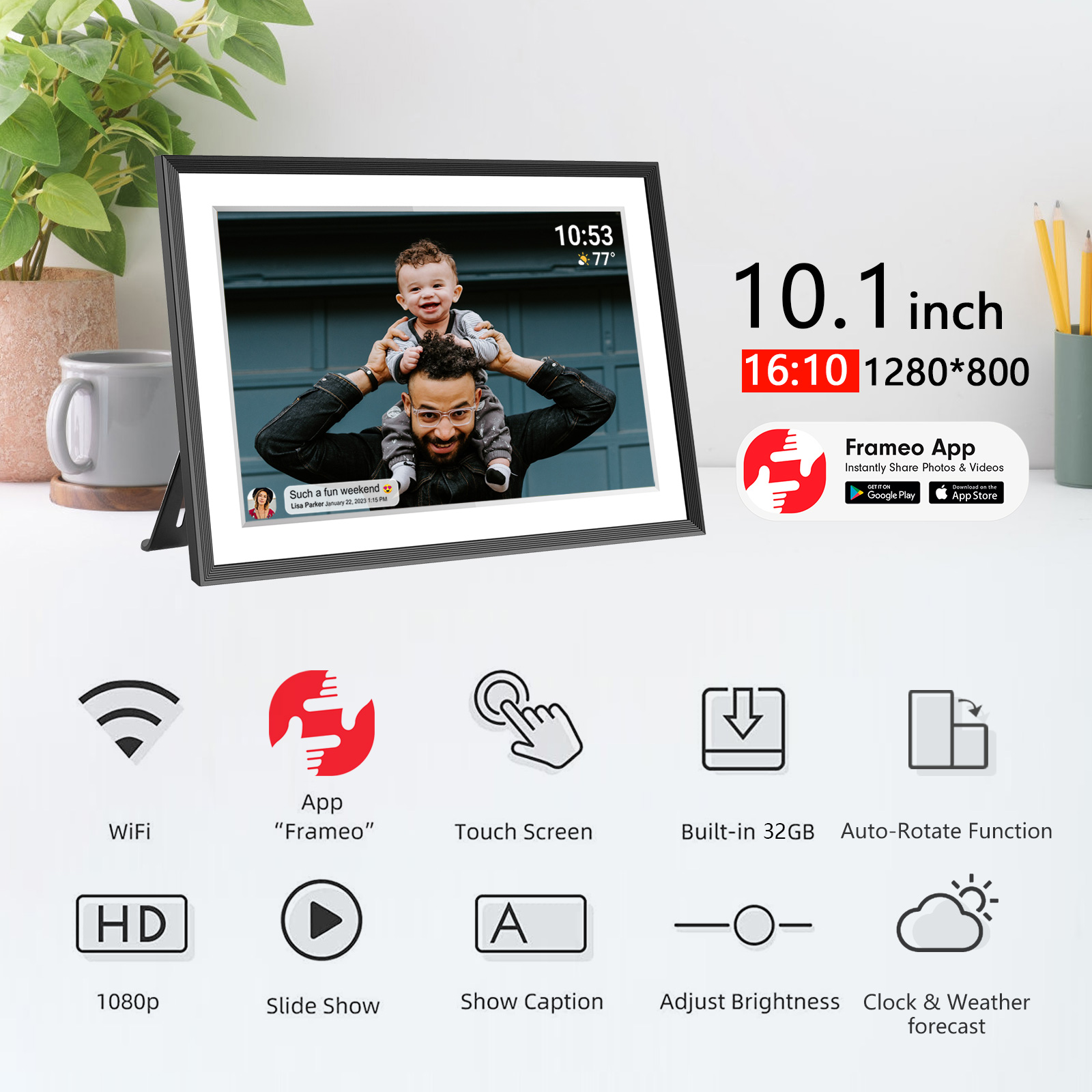 Frameo 10.1 Inch 32GB Digital Picture Frame–(Black and White), IPS HD Touch Screen, Photo Frame with Auto-Rotate Instant Share Photo/Video Sharing via Frameo App, Gift for Mom