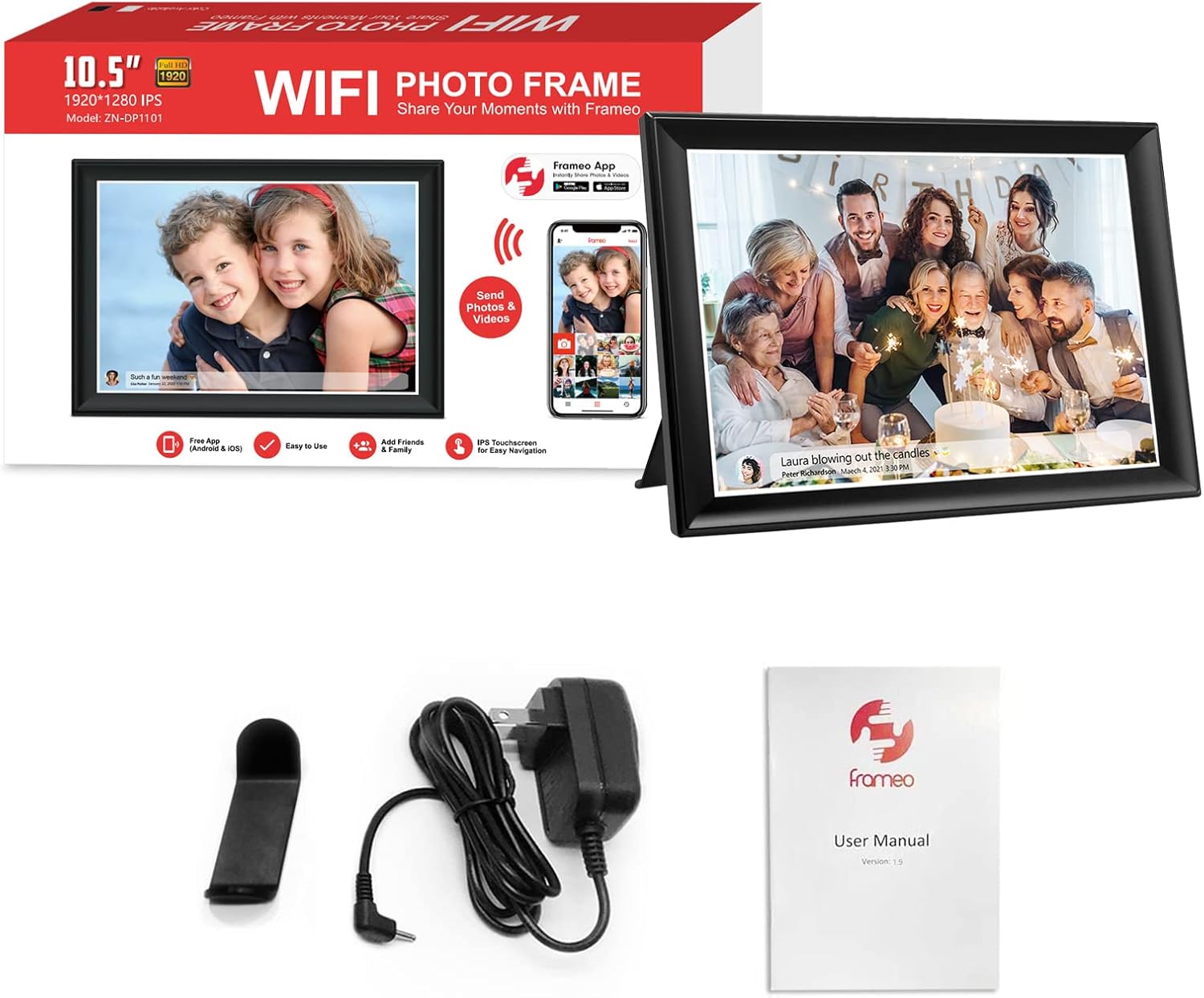 Frameo 10.1 Inch 32GB Digital Picture Frame, IPS HD Touch Screen, 32GB Storage, Photo Frame with Auto-Rotate Instant Share Photo/Video Sharing via Frameo App, Gift for Mom
