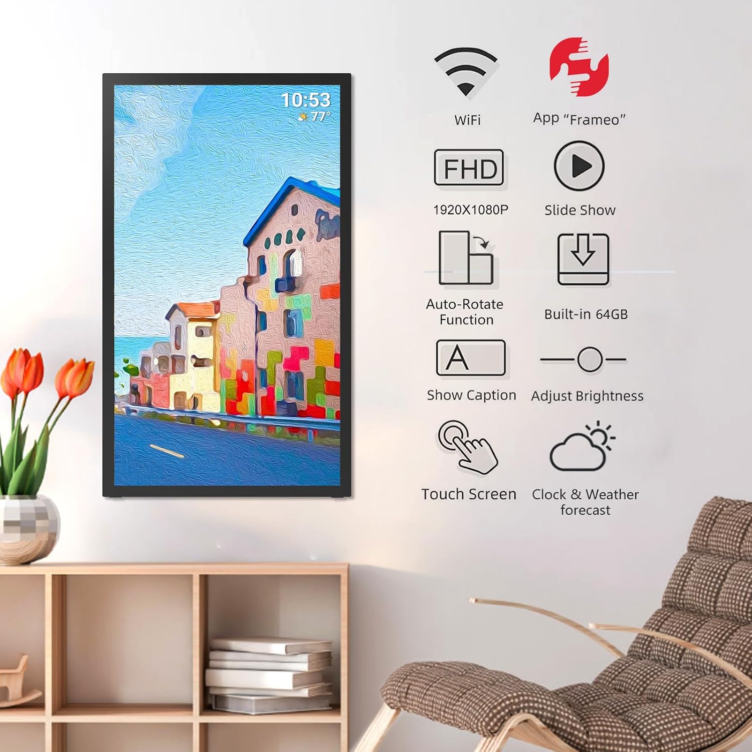 Frameo 21.5 Inch 64GB Digital Picture Frame, IPS HD Touch Screen, Photo Frame with Auto-Rotate Instant Share Photo/Video Sharing via Frameo App, Gift for Mom