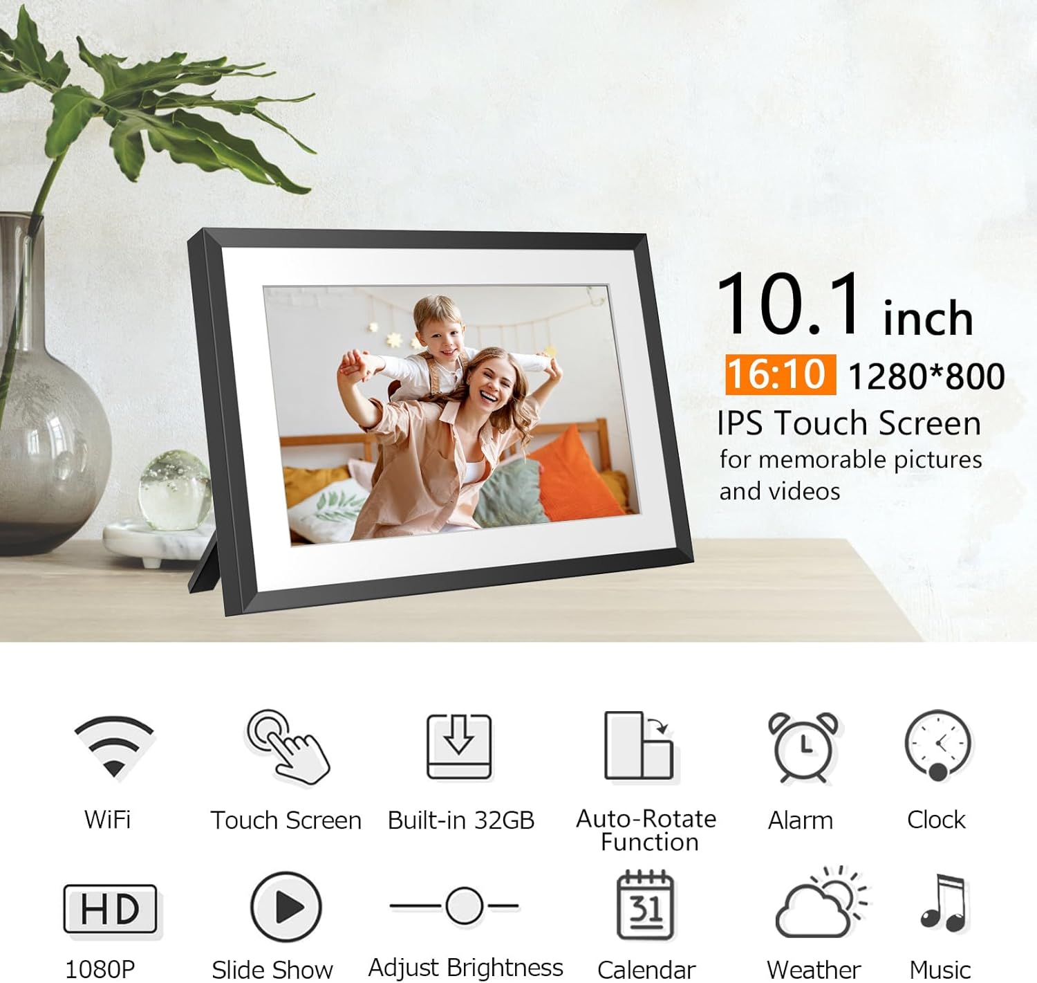 SSA WiFi Frame 10.1 Inch 32GB Digital Picture Frame-（Black and White）, IPS Touch Screen, Auto-Rotate,Send 50 Photo Unlimited,Share Photos/Videos Instantly