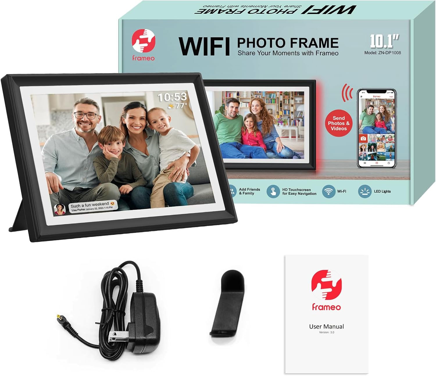 Frameo LED Light 10.1 Inch 32GB Digital Picture Frame–(Black and White), IPS HD Touch Screen, Photo Frame with Auto-Rotate Instant Share Photo/Video Sharing via Frameo App, Gift for Mom