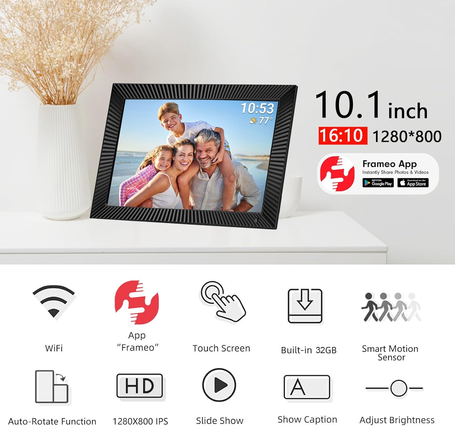 Frameo 10.1 Inch 32GB Digital Picture Frame, IPS HD Touch Screen, 32GB Storage, Photo Frame with Auto-Rotate Instant Share Photo/Video Sharing via Frameo App, Gift for Mom