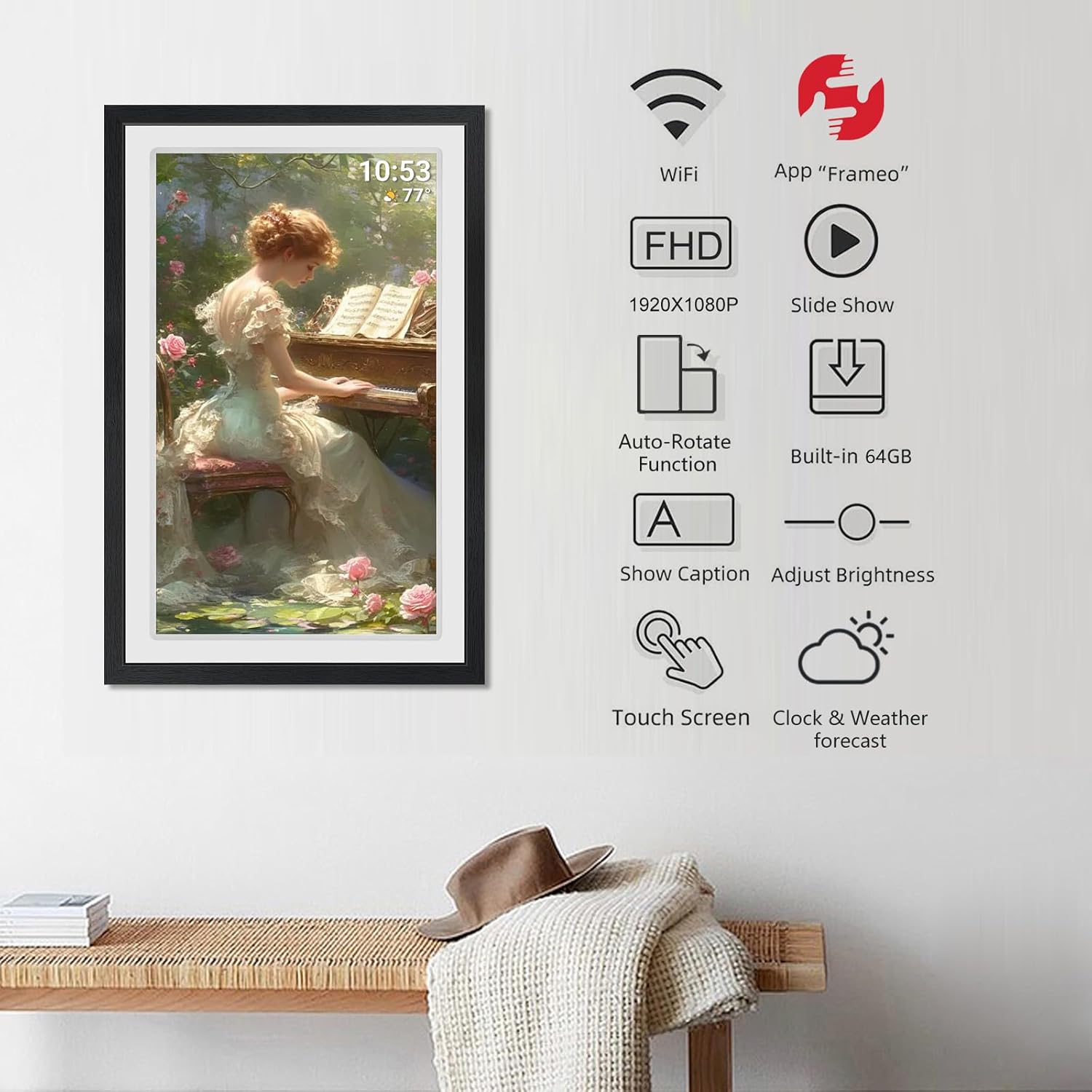 Frameo 21.5inch 32GB Digital Photo Frame with 1920×1080 FHD IPS LCD Touch Screen, Auto-Rotate, Dual-WiFi Share Photos & Videos Via Frameo App