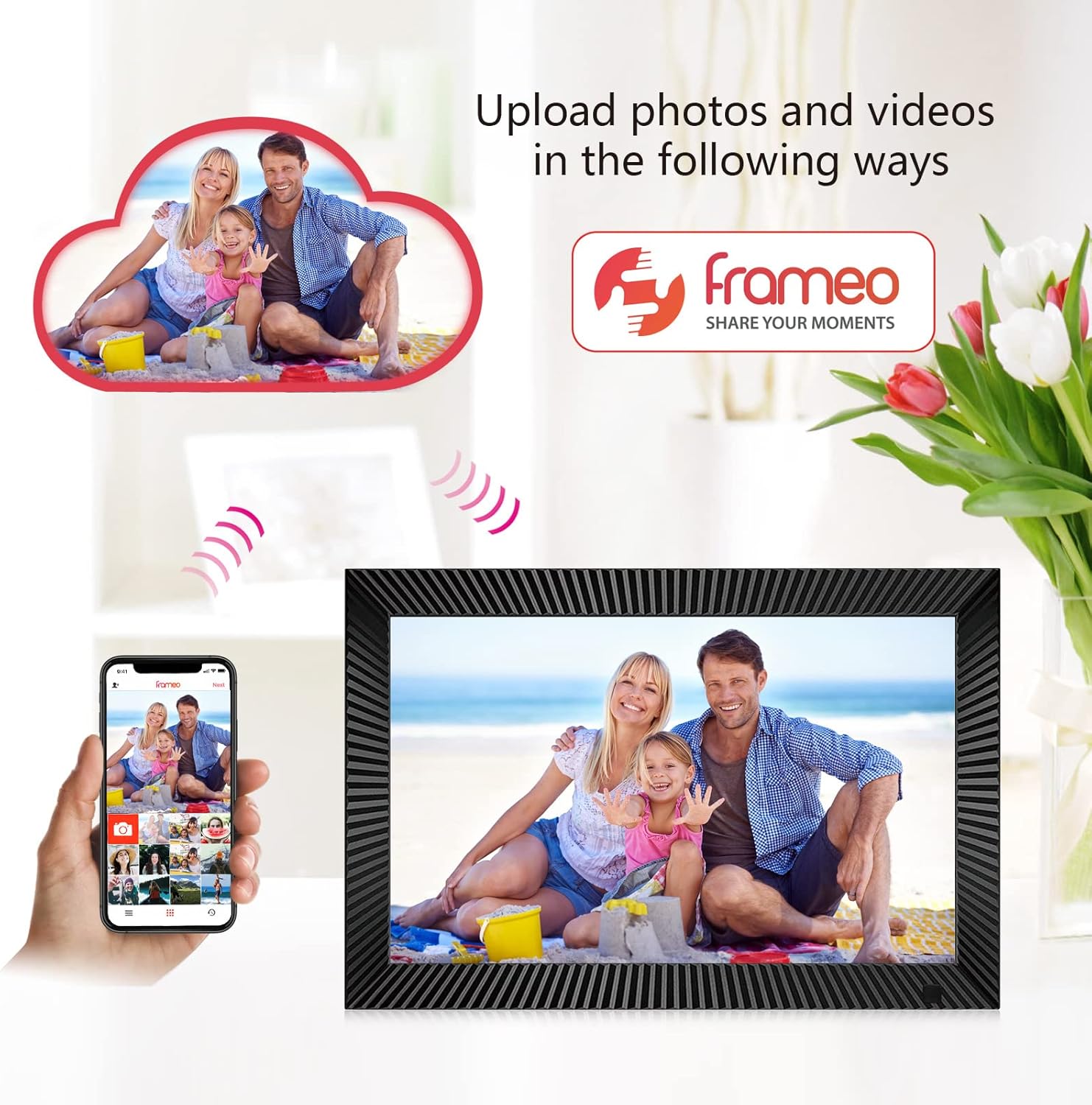 Frameo 10.1 Inch 32GB Digital Picture Frame, IPS HD Touch Screen, 32GB Storage, Photo Frame with Auto-Rotate Instant Share Photo/Video Sharing via Frameo App, Gift for Mom