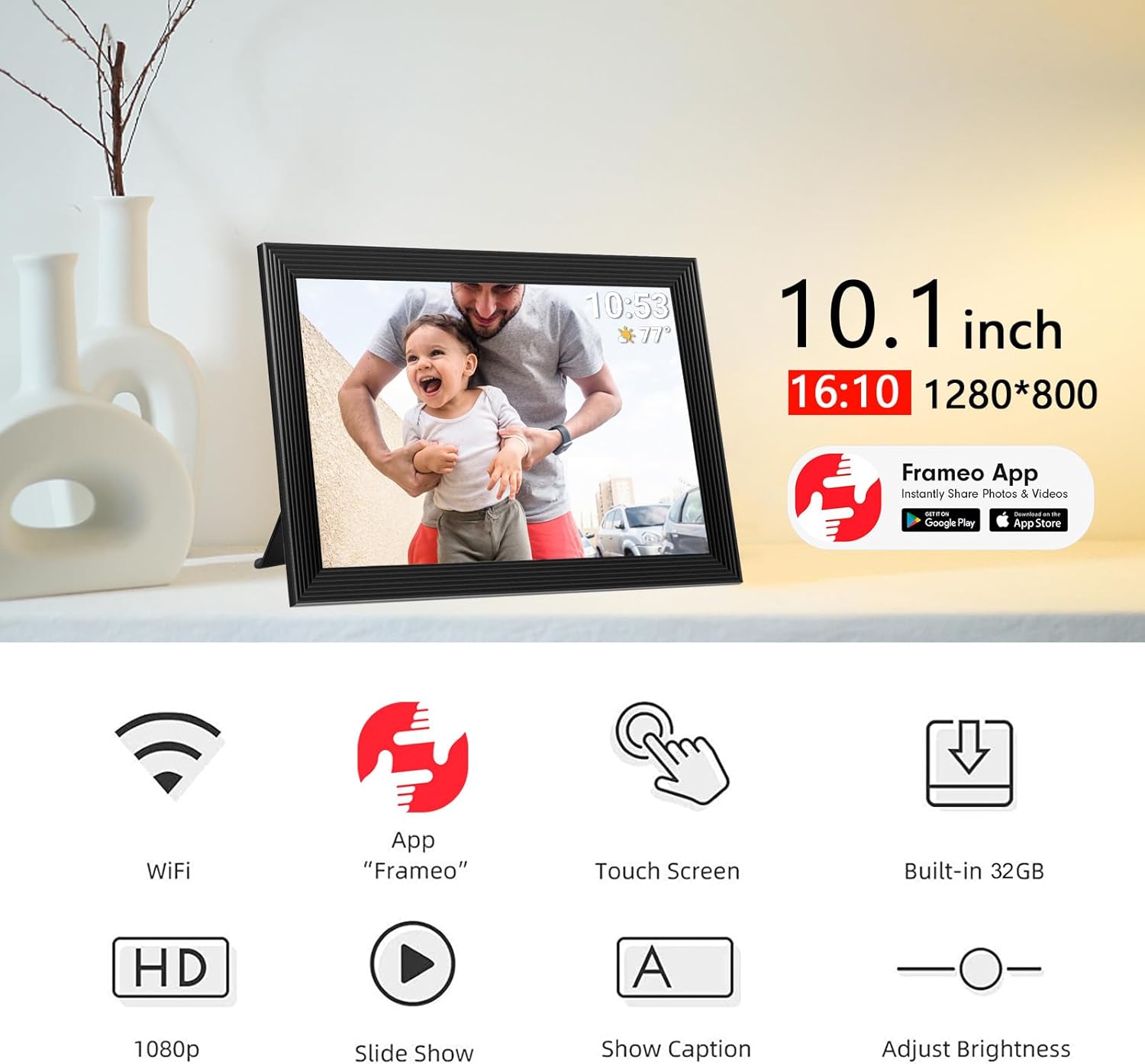 Frameo 10.1 Inch 32GB Digital Picture Frame, IPS HD Touch Screen, 32GB Storage, Photo Frame with Auto-Rotate Instant Share Photo/Video Sharing via Frameo App, Gift for Mom