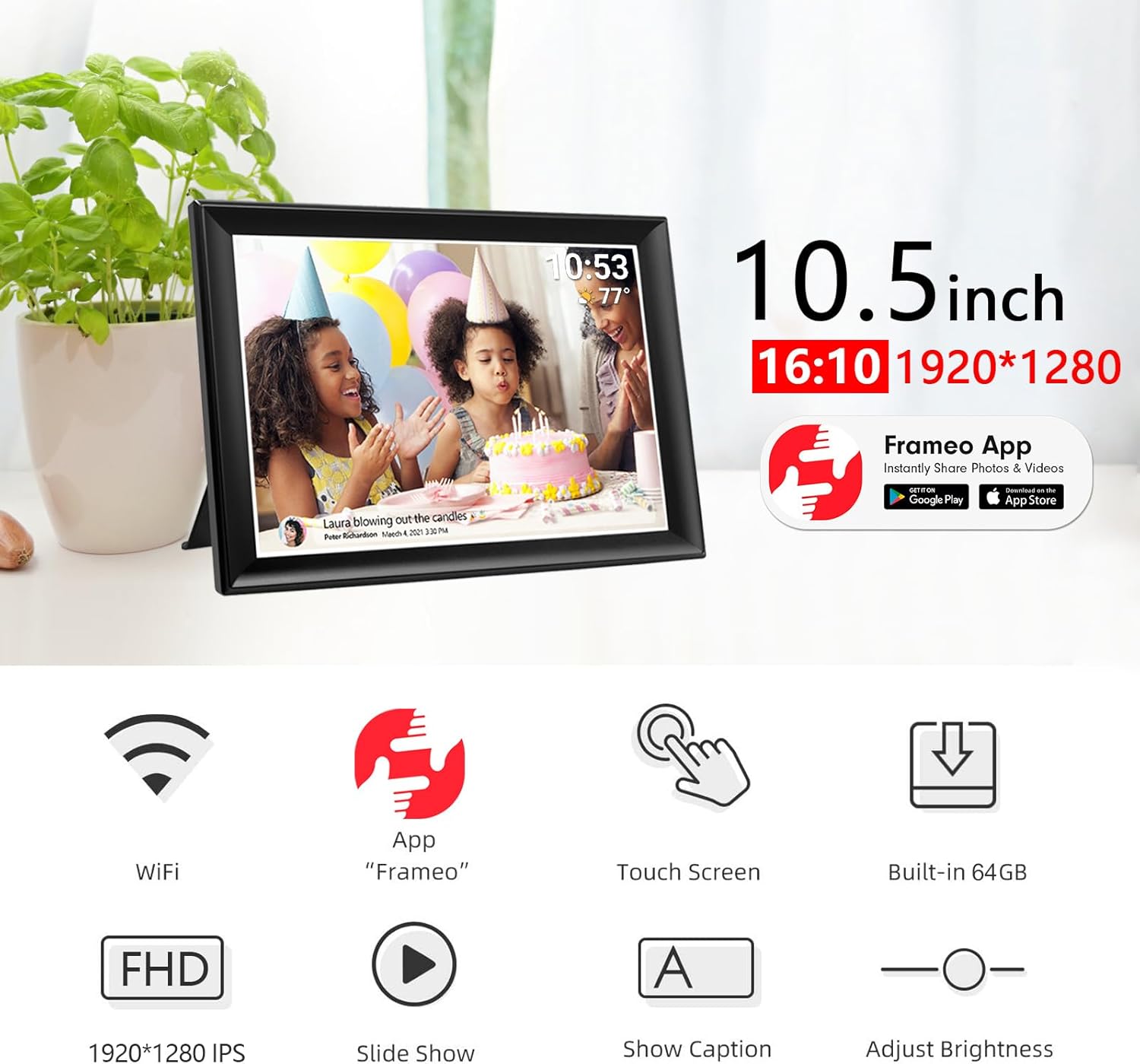 Frameo 10.1 Inch 32GB Digital Picture Frame, IPS HD Touch Screen, 32GB Storage, Photo Frame with Auto-Rotate Instant Share Photo/Video Sharing via Frameo App, Gift for Mom