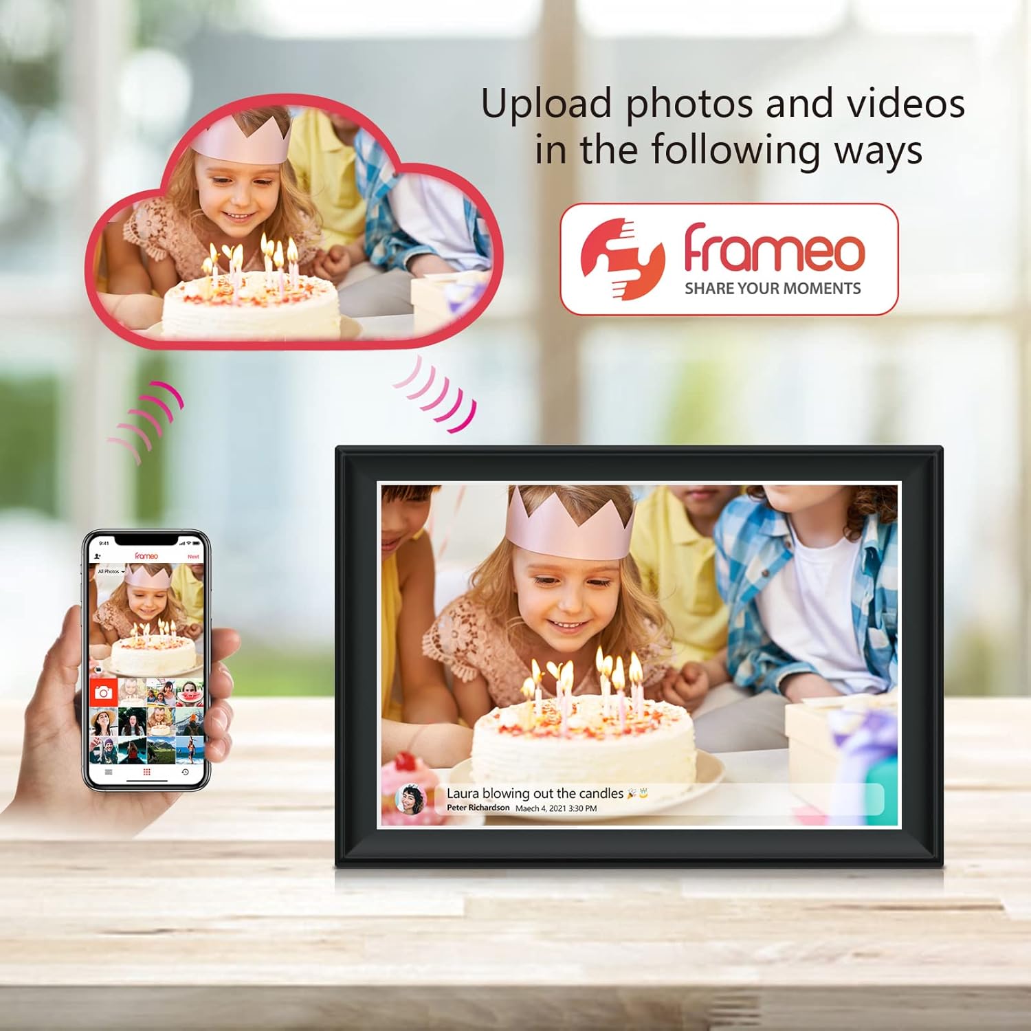 Frameo 10.1 Inch 32GB Digital Picture Frame, IPS HD Touch Screen, 32GB Storage, Photo Frame with Auto-Rotate Instant Share Photo/Video Sharing via Frameo App, Gift for Mom