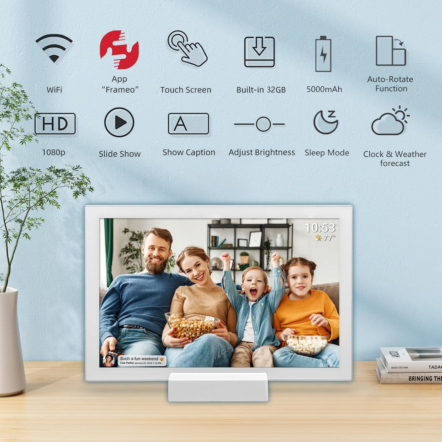Frameo 10.1 Inch 32GB Digital Picture Frame with 5000mAh Battery,HD IPS LCD Touch Screen,Auto-Rotate Portrait and Landscape,Share Moments Instantly via Frameo App from Anywhere