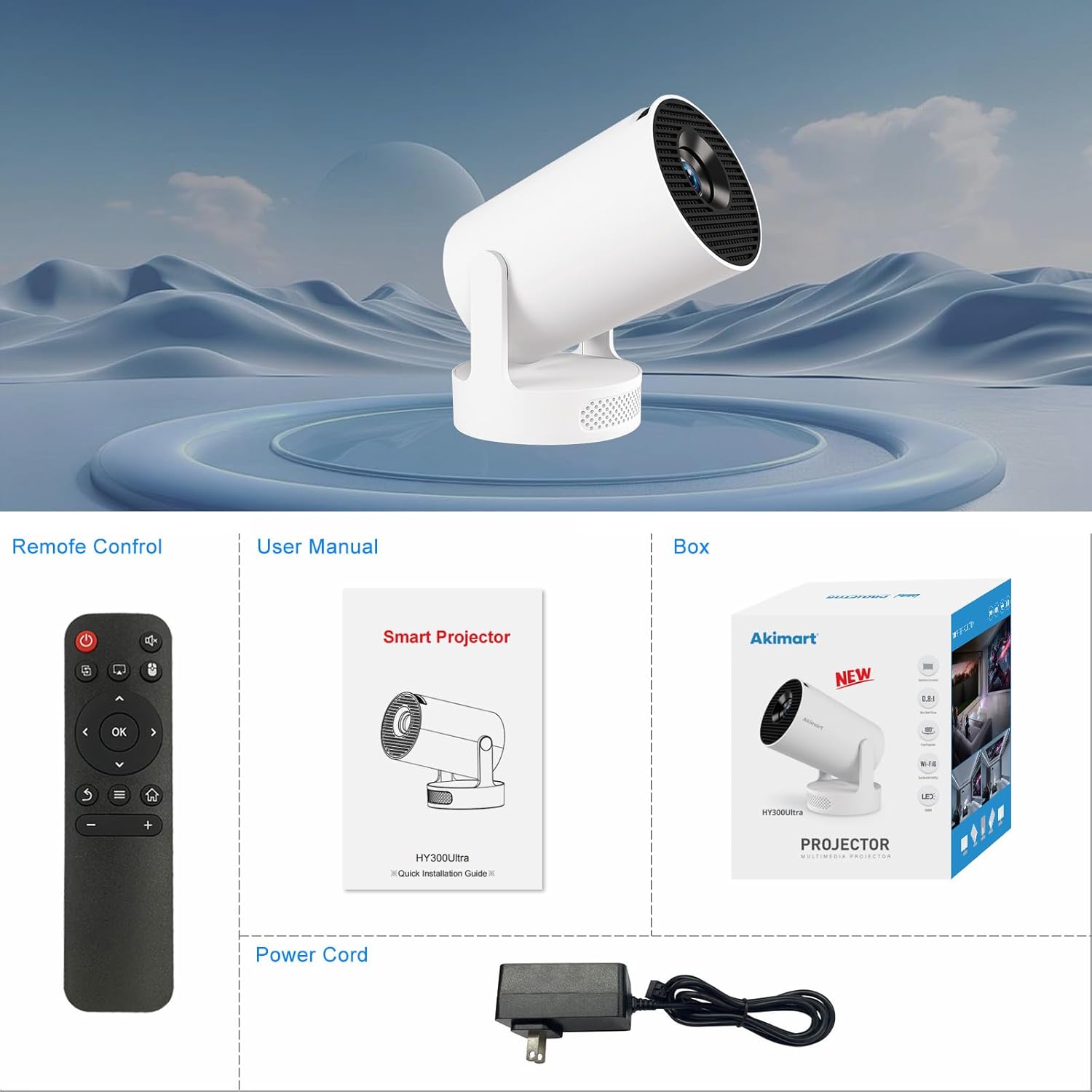 Akimart Mini Projector 4K Support with Dual-Band WIFI6 5G Wireless 5.4 Bluetooth Android 11, Soundbase Speaker, Manual Focus, Auto Vertical Keystone 180°Rotatable Portable Proyector for Home Bedroom