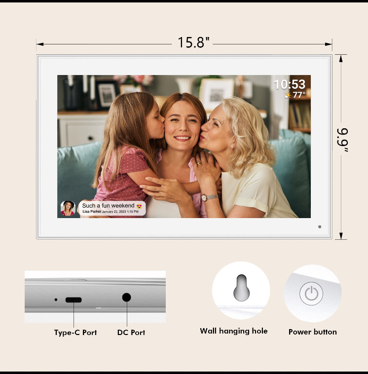 Akimart 15.6 Inch Frameo Digital Picture Frame WiFi, 1920×1080 IPS FHD Touch Screen Large Electronic Photo Frames, Send Photos from Your Phone from Anywhere, Best Gifts for Parents and Grandparents