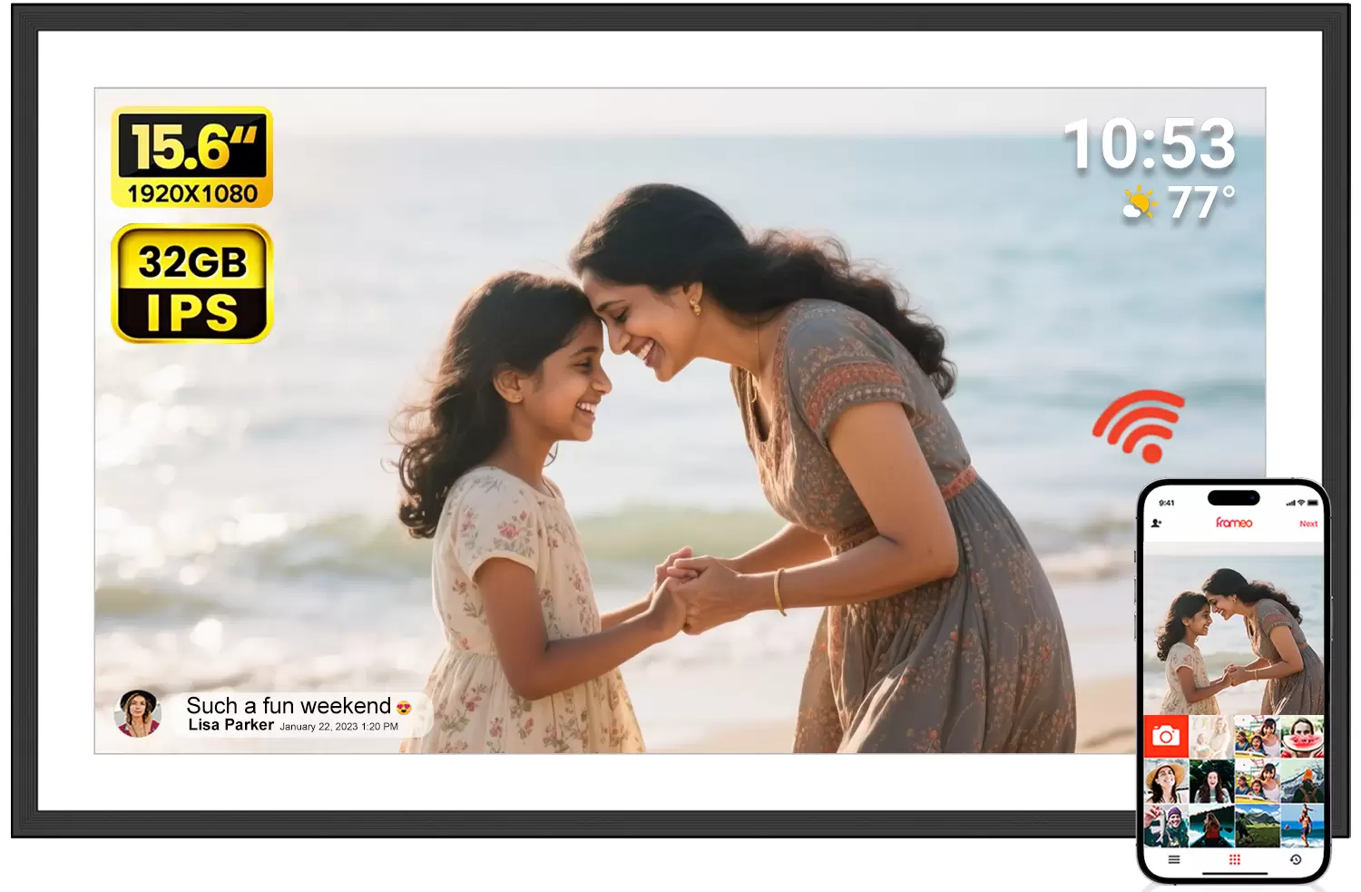 Akimart 15.6 Inch Frameo Digital Picture Frame WiFi, 1920×1080 IPS FHD Touch Screen Large Electronic Photo Frames, Send Photos from Your Phone from Anywhere, Best Gifts for Parents and Grandparents
