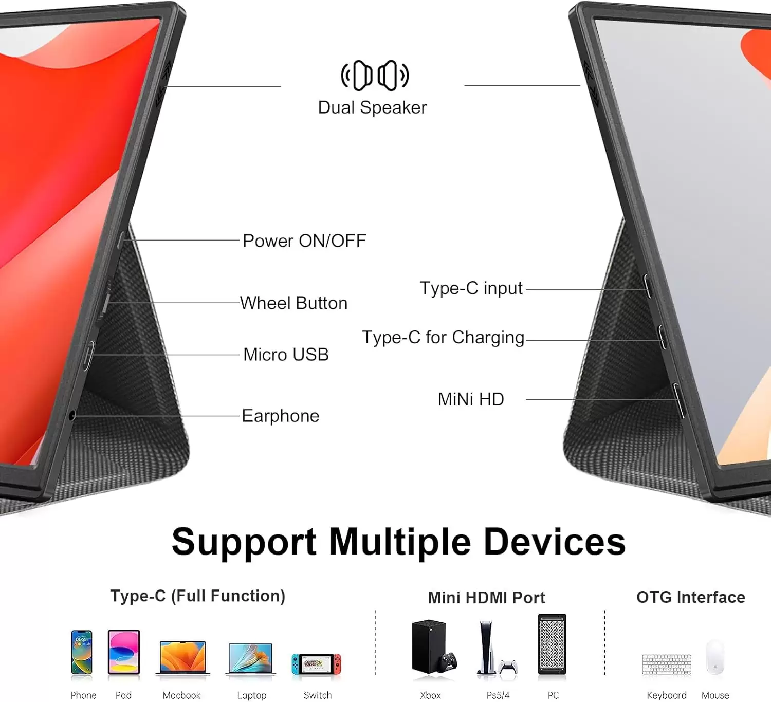 moonka 10.5inch Portable Monitor 1920x1280P FHD IPS Screen USB-C Laptop Second External for Laptop,PC,Mac Phone,PS,Swich,IPS Ultra-Thin Zero Frame Gaming Monitor/Premium Smart Cover