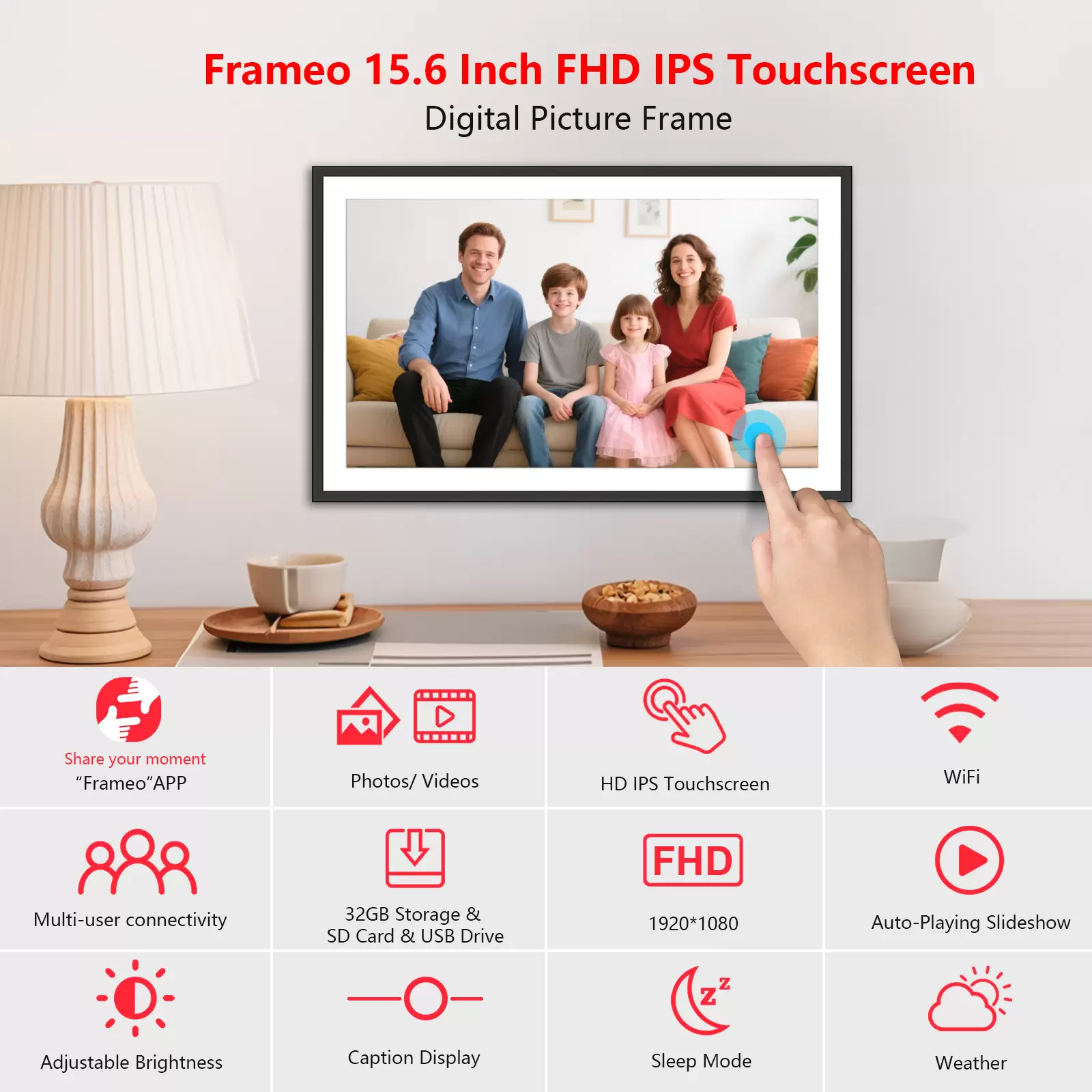 Akimart 15.6 Inch Frameo Digital Picture Frame WiFi, 1920×1080 IPS FHD Touch Screen Large Electronic Photo Frames, Send Photos from Your Phone from Anywhere, Best Gifts for Parents and Grandparents