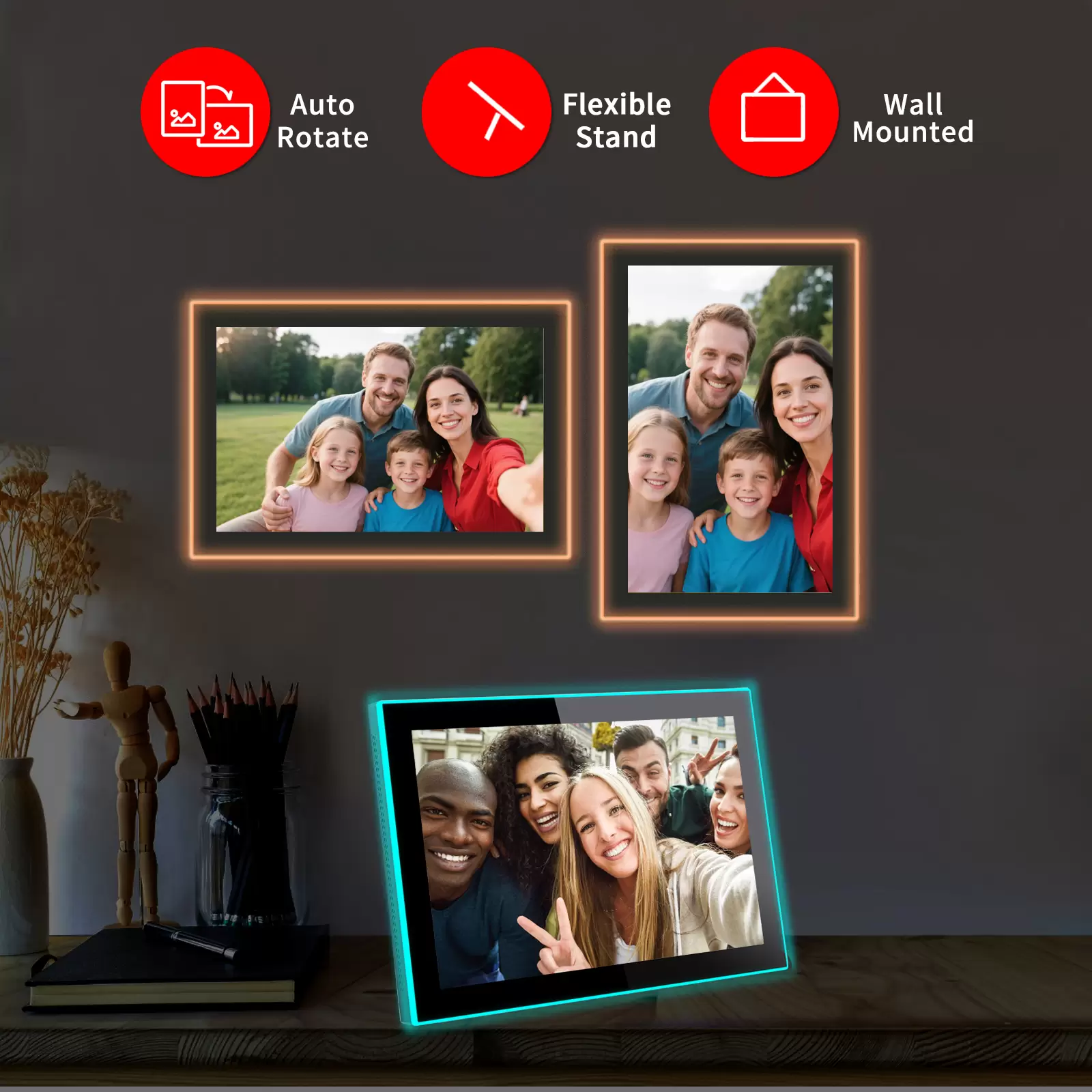 AKImart 10.1 inch Edge-Light  Digital Photo Frame, IPS Display, AI Color-Changing LED Strip Digital Photo Frame, Quick Share Photos/Videos, Easy Setup in Frameo App, Best Digital Frame for Gifting