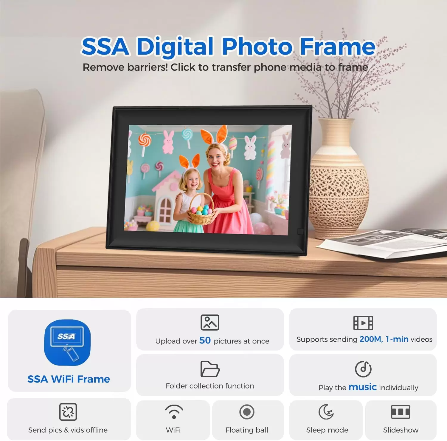 SSA WiFi Frame 10.1 Inch 32GB Digital Picture Frame, IPS Touch Screen, Auto-Rotate,Send 50 Photo Unlimited,Share Photos/Videos Instantly