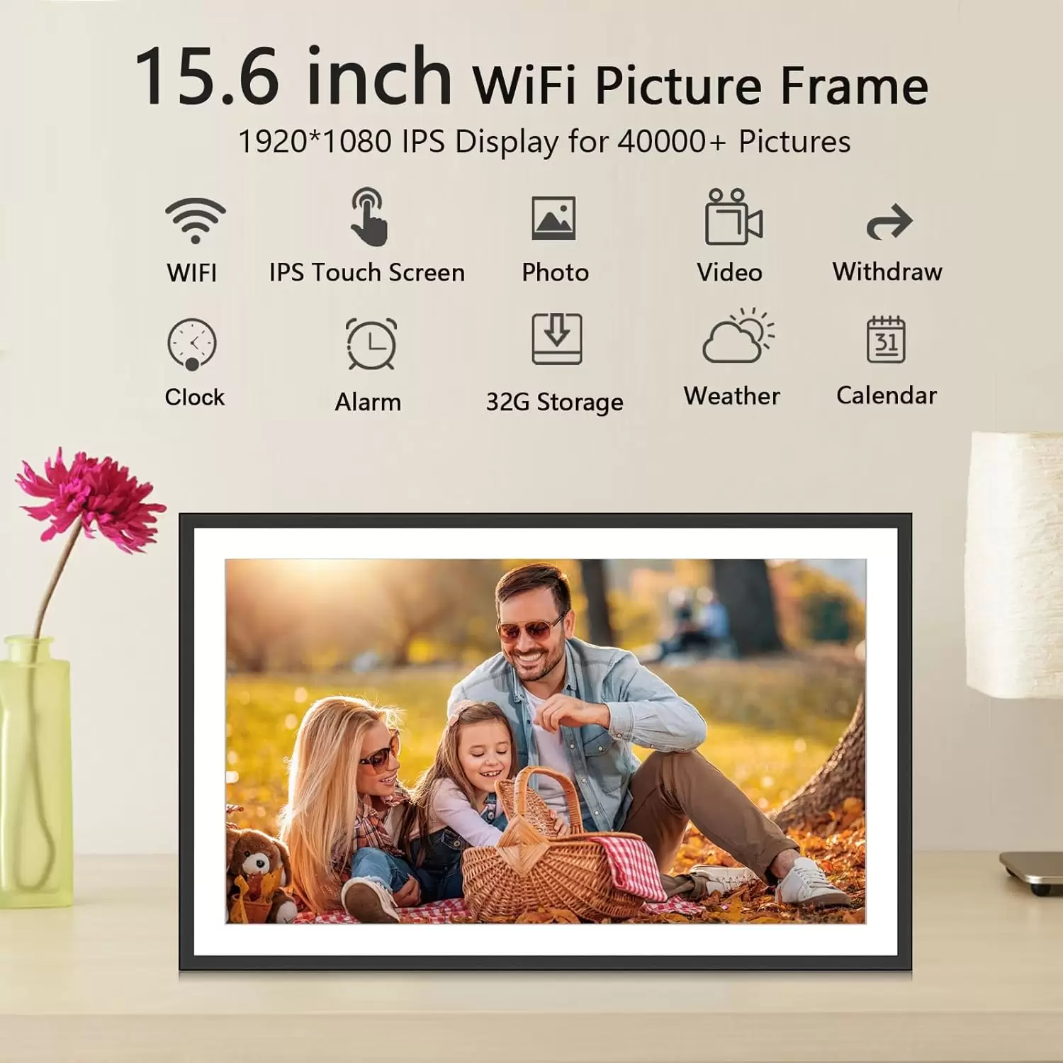 SSA WiFi Frame 15.6 Inch 32GB Digital Picture Frame, IPS Touch Screen, Auto-Rotate,Send 50 Photo Unlimited,Share Photos/Videos Instantly