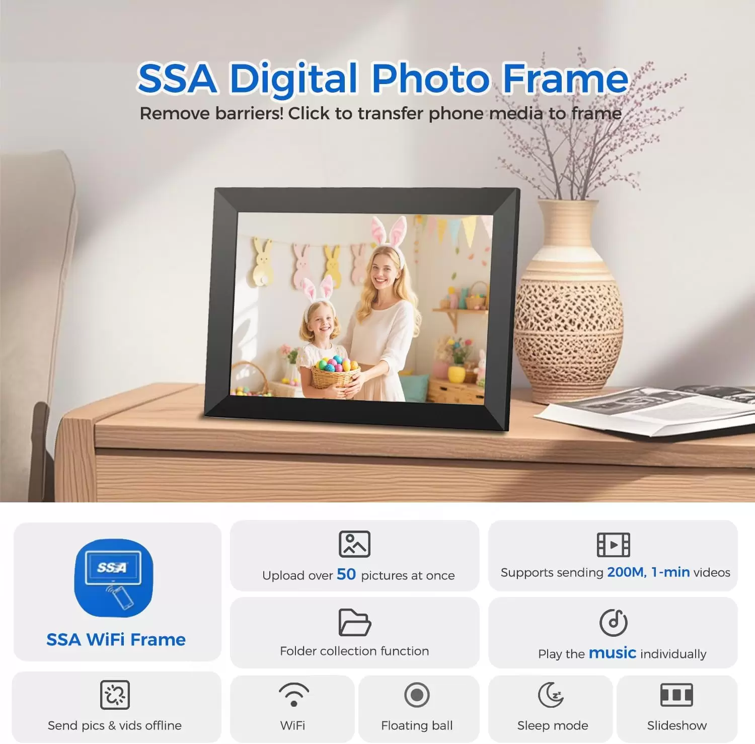 SSA WiFi Frame 10.1 Inch 32GB Digital Picture Frame, IPS Touch Screen, Auto-Rotate,Send 50 Photo Unlimited,Share Photos/Videos Instantly