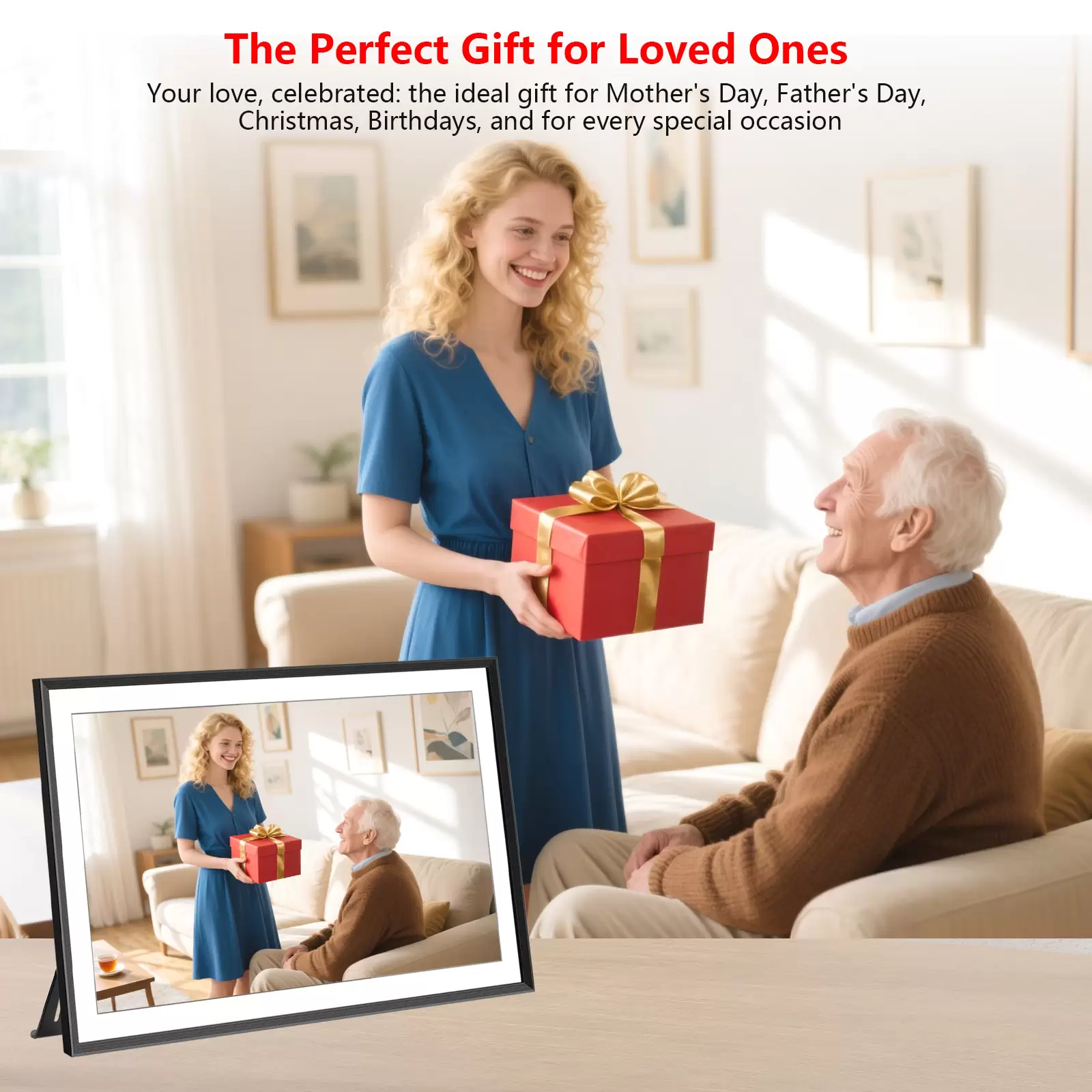 Akimart 15.6 Inch Frameo Digital Picture Frame WiFi, 1920×1080 IPS FHD Touch Screen Large Electronic Photo Frames, Send Photos from Your Phone from Anywhere, Best Gifts for Parents and Grandparents