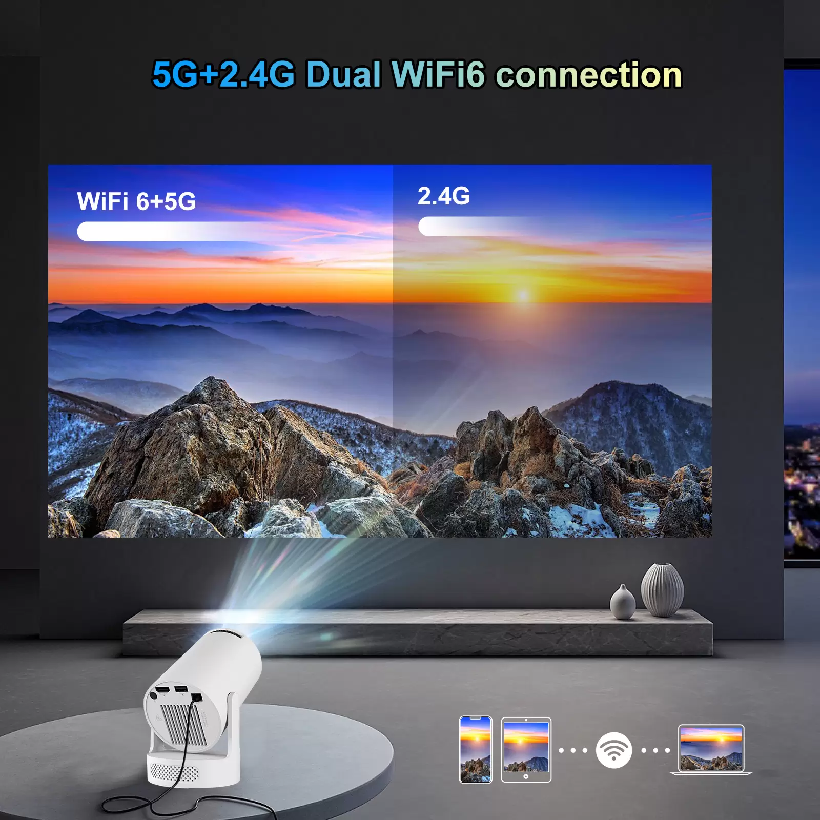 Akimart Mini Projector 720P with Dual-Band WIFI6 5G Wireless 5.4 Bluetooth Android 11