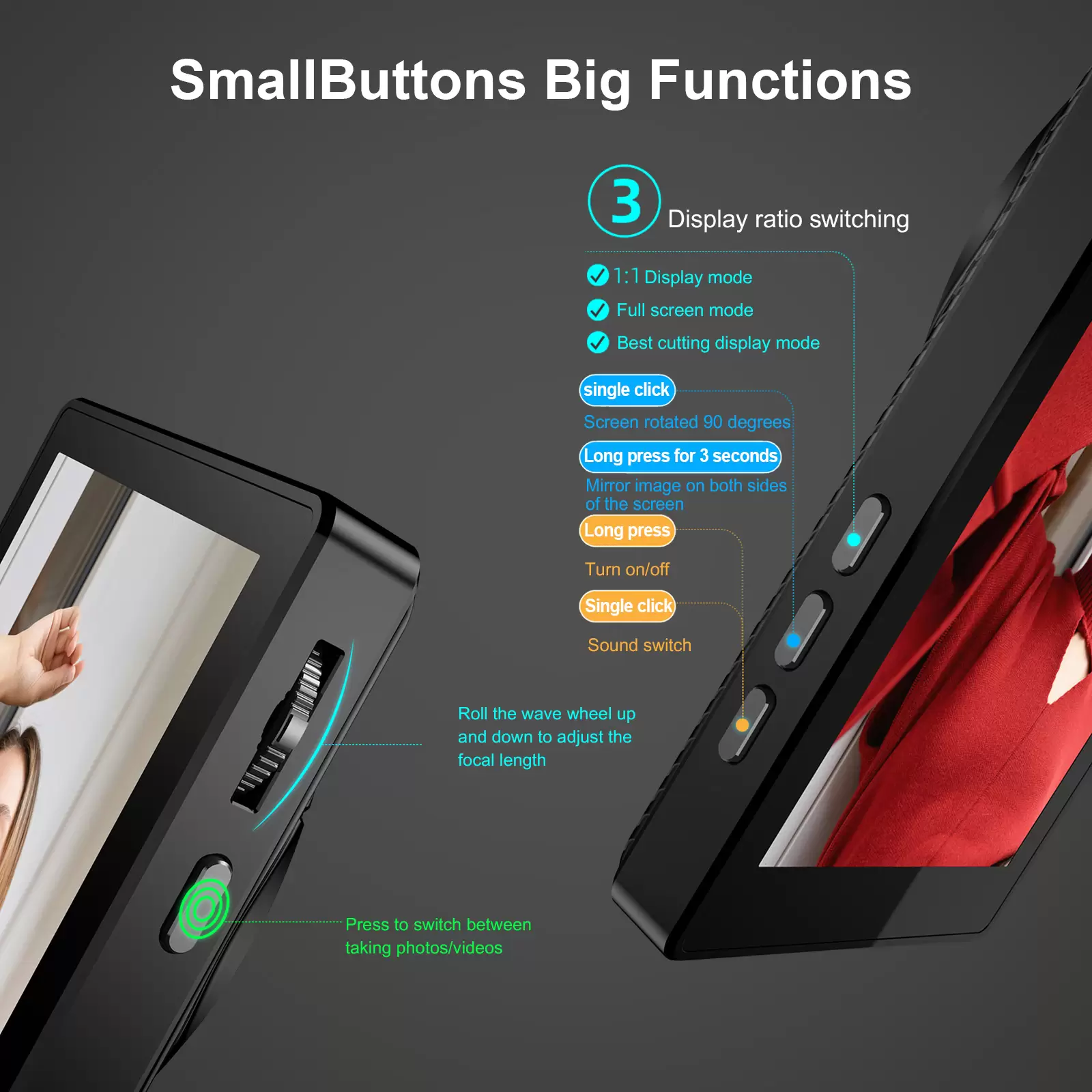 Wireless Selfie Monitor Screen for iPhone & Android, Magnetic Phone Holder Clip Mount, Adjust Focus & Wide Screen Mode