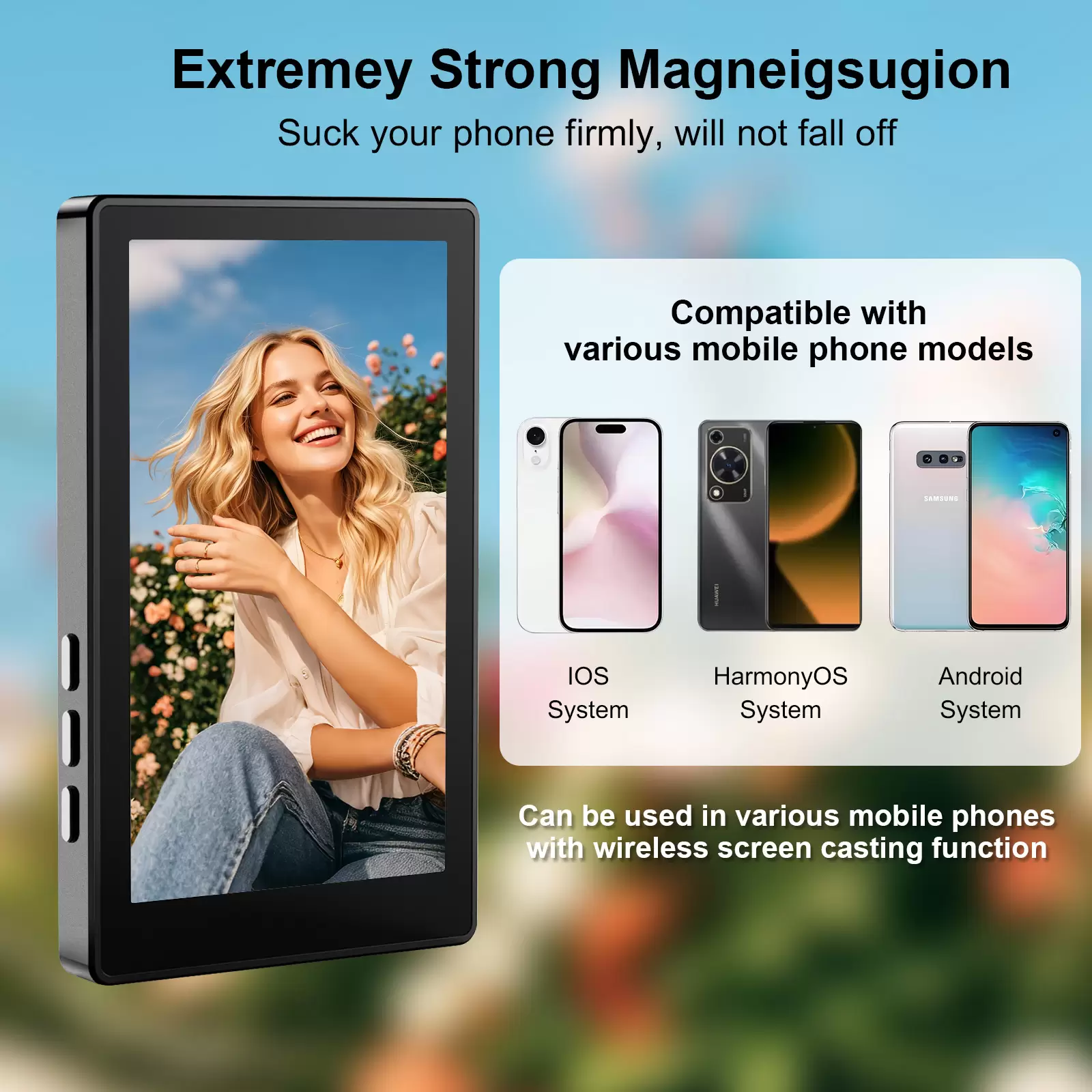 Wireless Selfie Monitor Screen for iPhone & Android, Magnetic Phone Holder Clip Mount, Adjust Focus & Wide Screen Mode