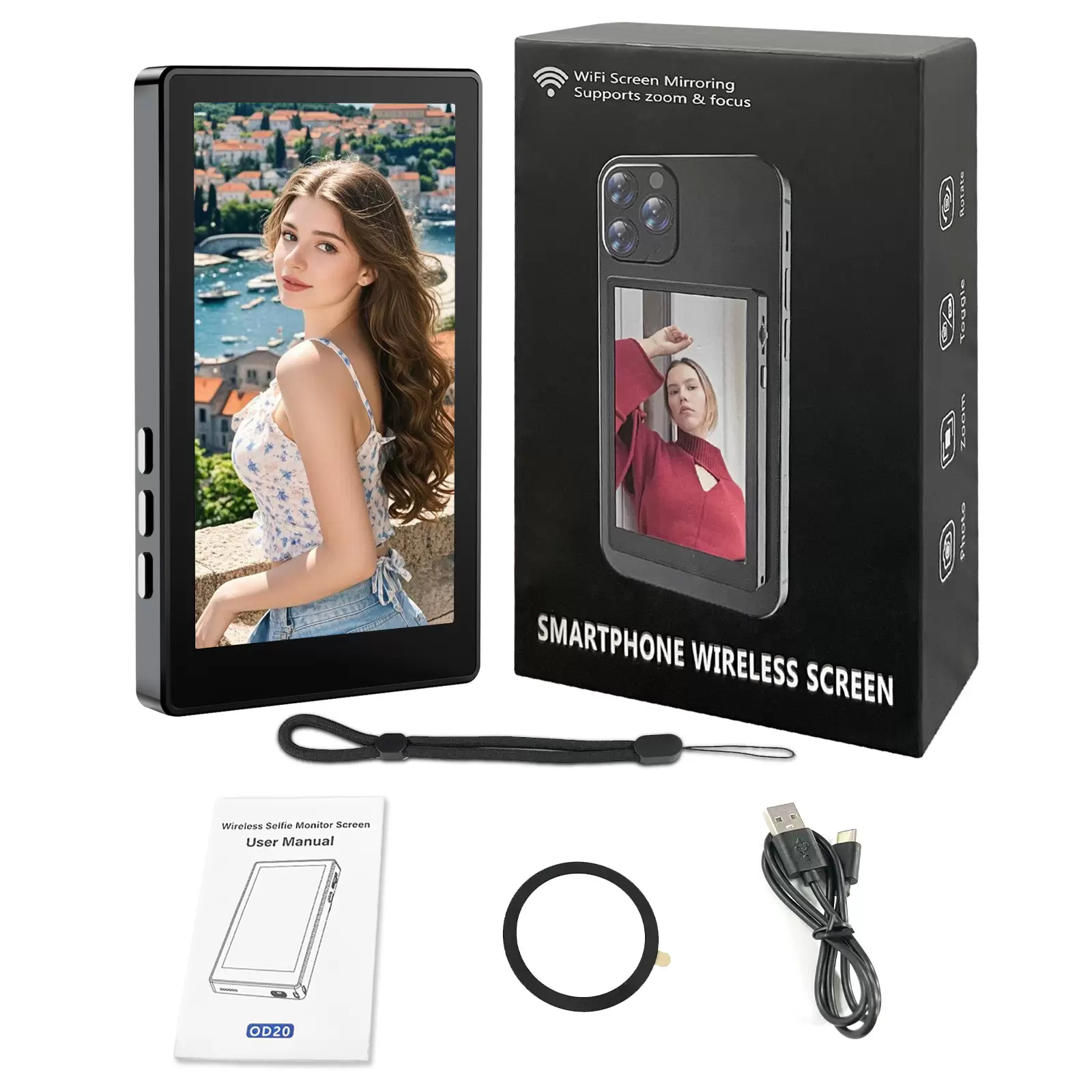 Wireless Selfie Monitor Screen for iPhone & Android, Magnetic Phone Holder Clip Mount, Adjust Focus & Wide Screen Mode