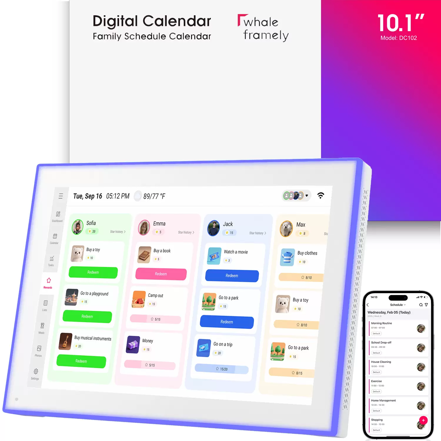 10.1″ Digital Calendar & Chore Chart, LED Reminder Light, Smart Touchscreen Interactive Display for Family Schedules