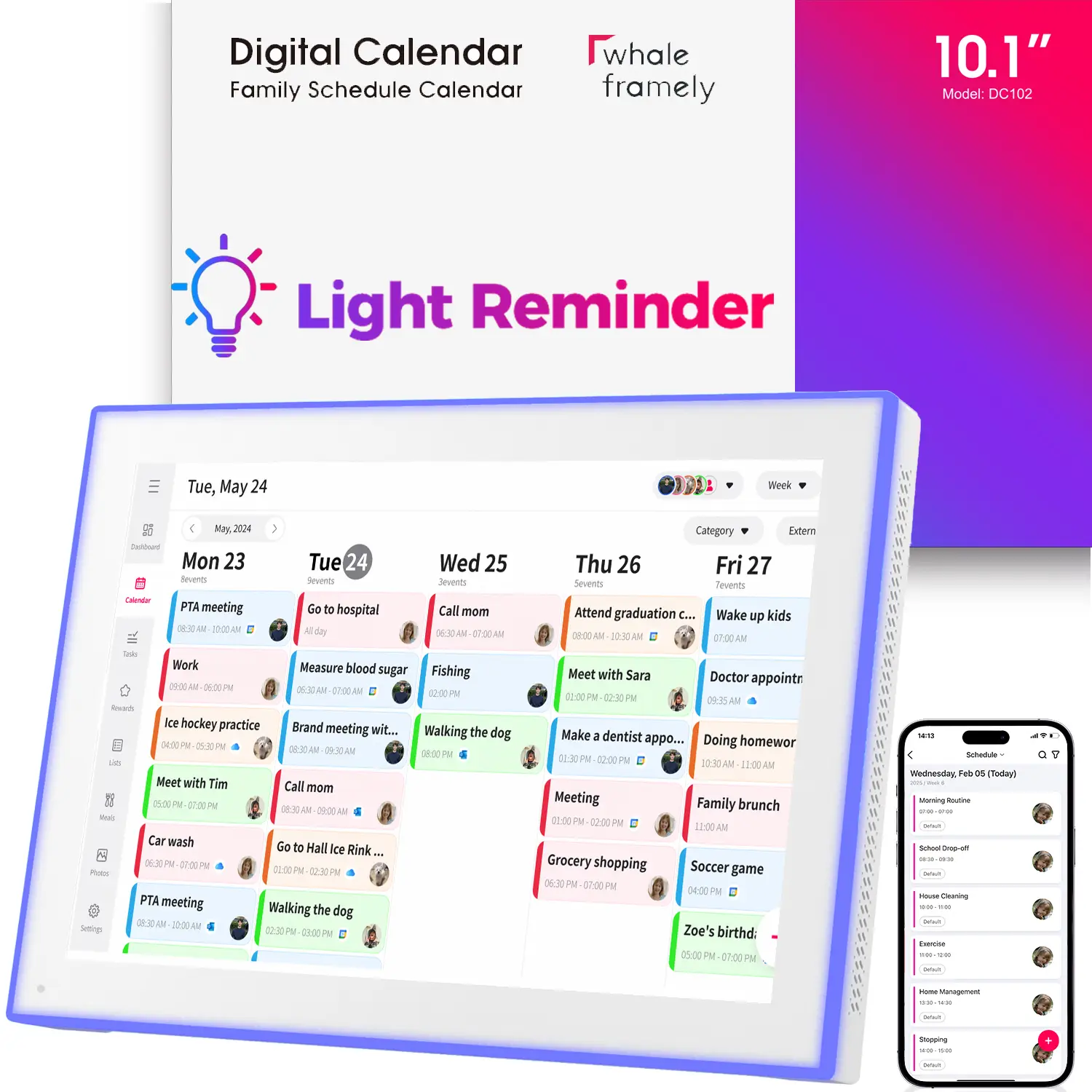 10.1″ Digital Calendar & Chore Chart, LED Reminder Light, Smart Touchscreen Interactive Display for Family Schedules