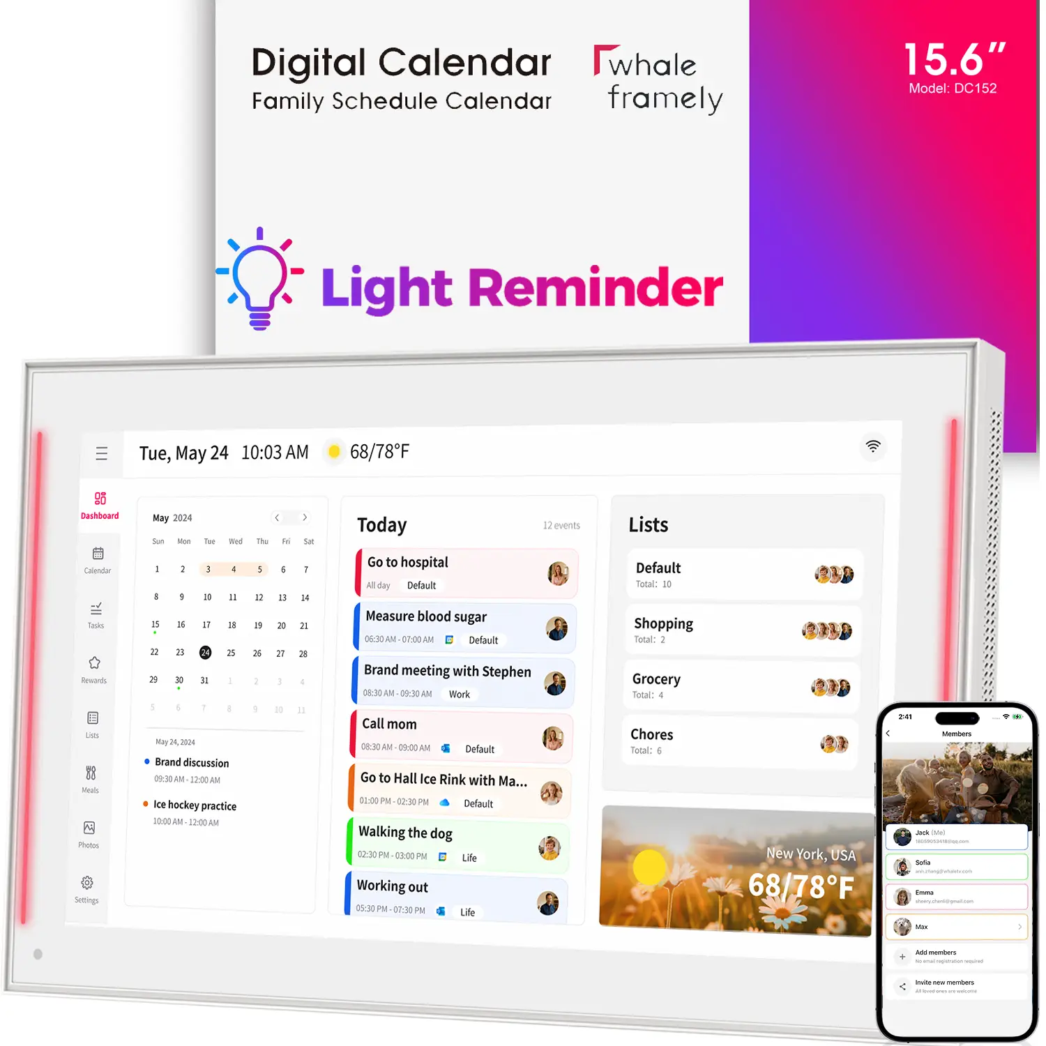 15.6 inch Smart Digital Calendar & Chore Chart, LED Reminder Light, Wall & DeskMount – Smart Family Planner for Daily Schedules