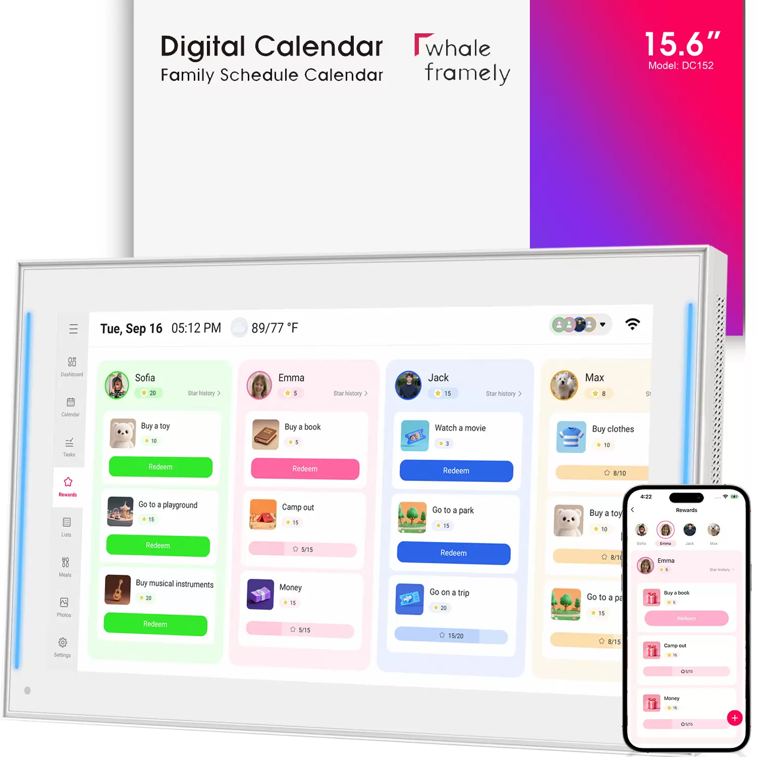 15.6 inch Smart Digital Calendar & Chore Chart, LED Reminder Light, Wall & DeskMount – Smart Family Planner for Daily Schedules