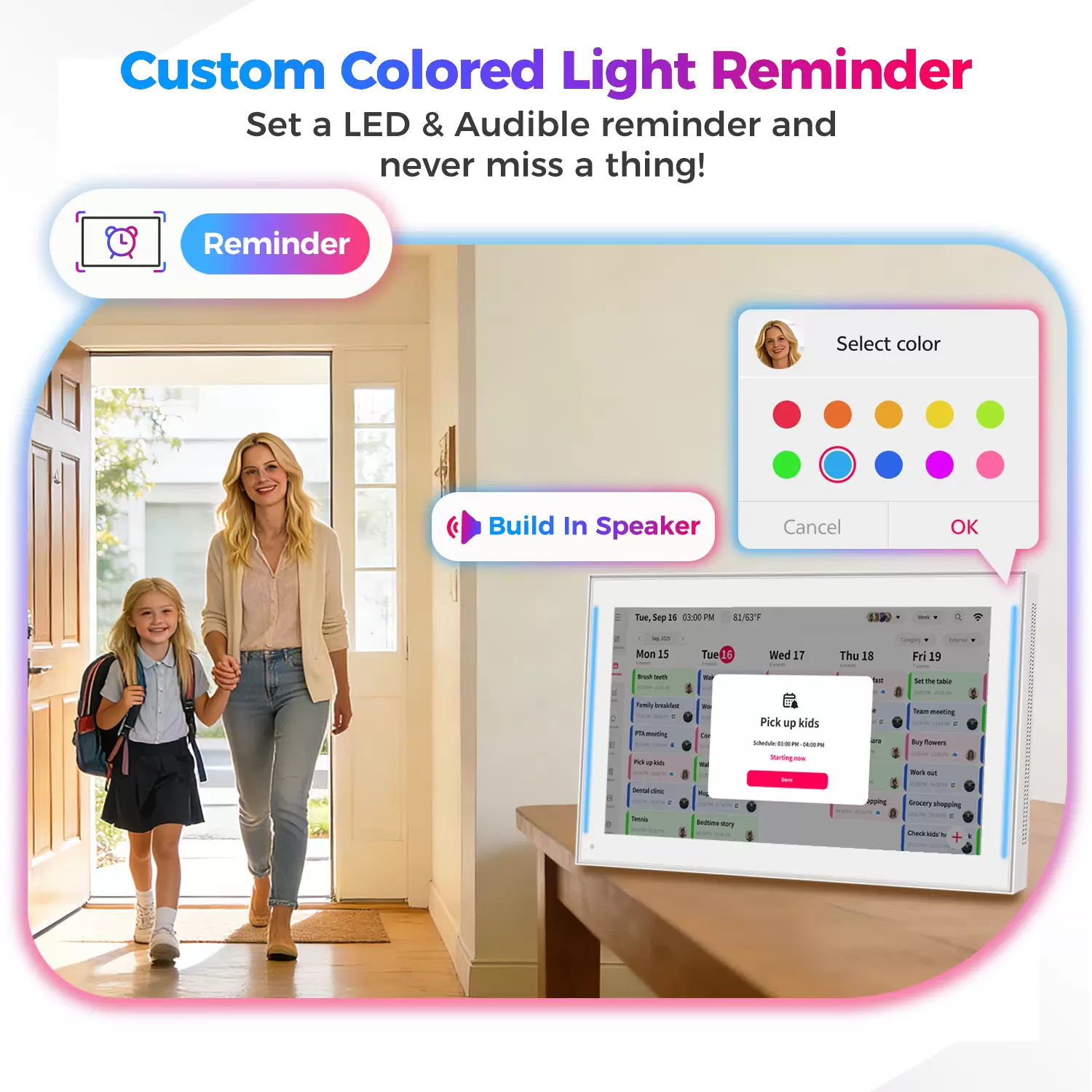 15.6 inch Smart Digital Calendar & Chore Chart, LED Reminder Light, Wall & DeskMount – Smart Family Planner for Daily Schedules