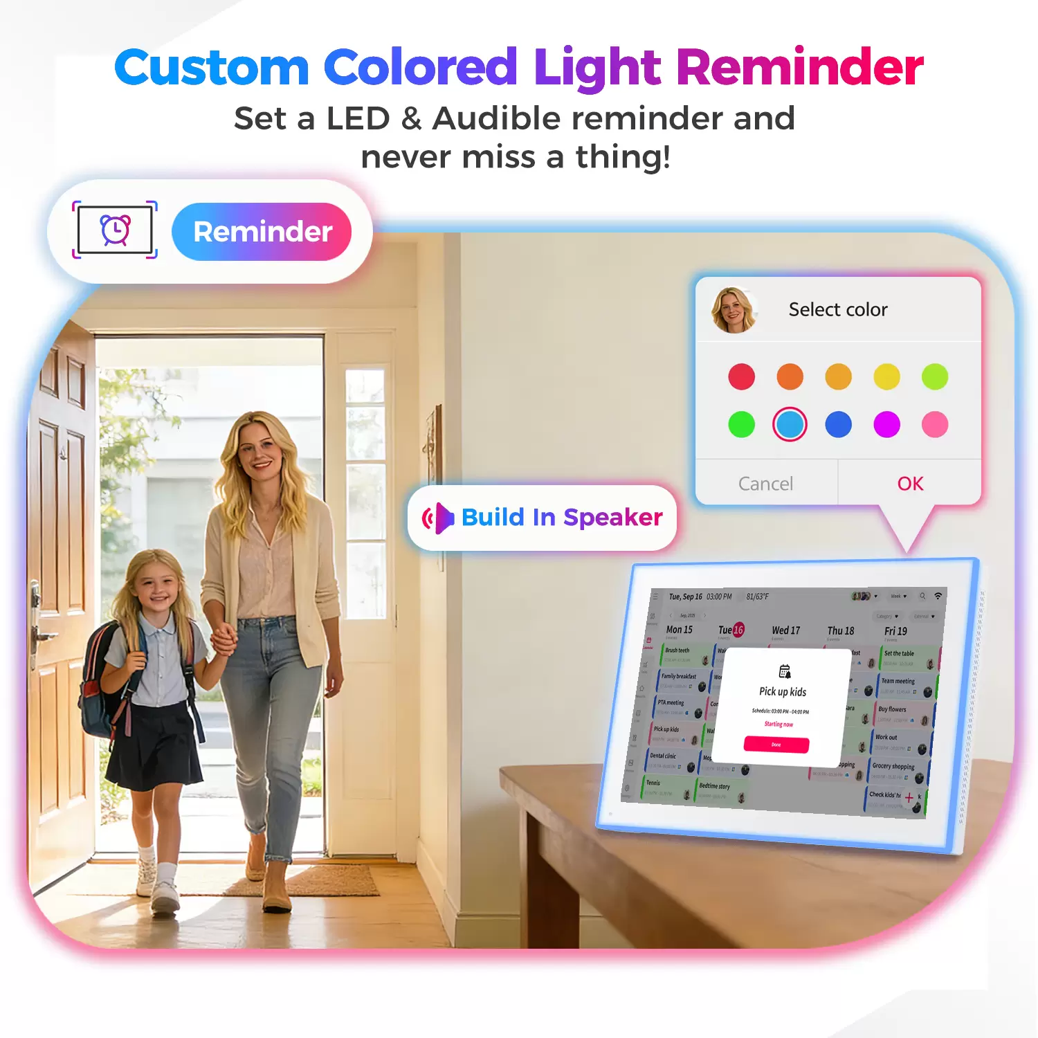 10.1″ Digital Calendar & Chore Chart, LED Reminder Light, Smart Touchscreen Interactive Display for Family Schedules