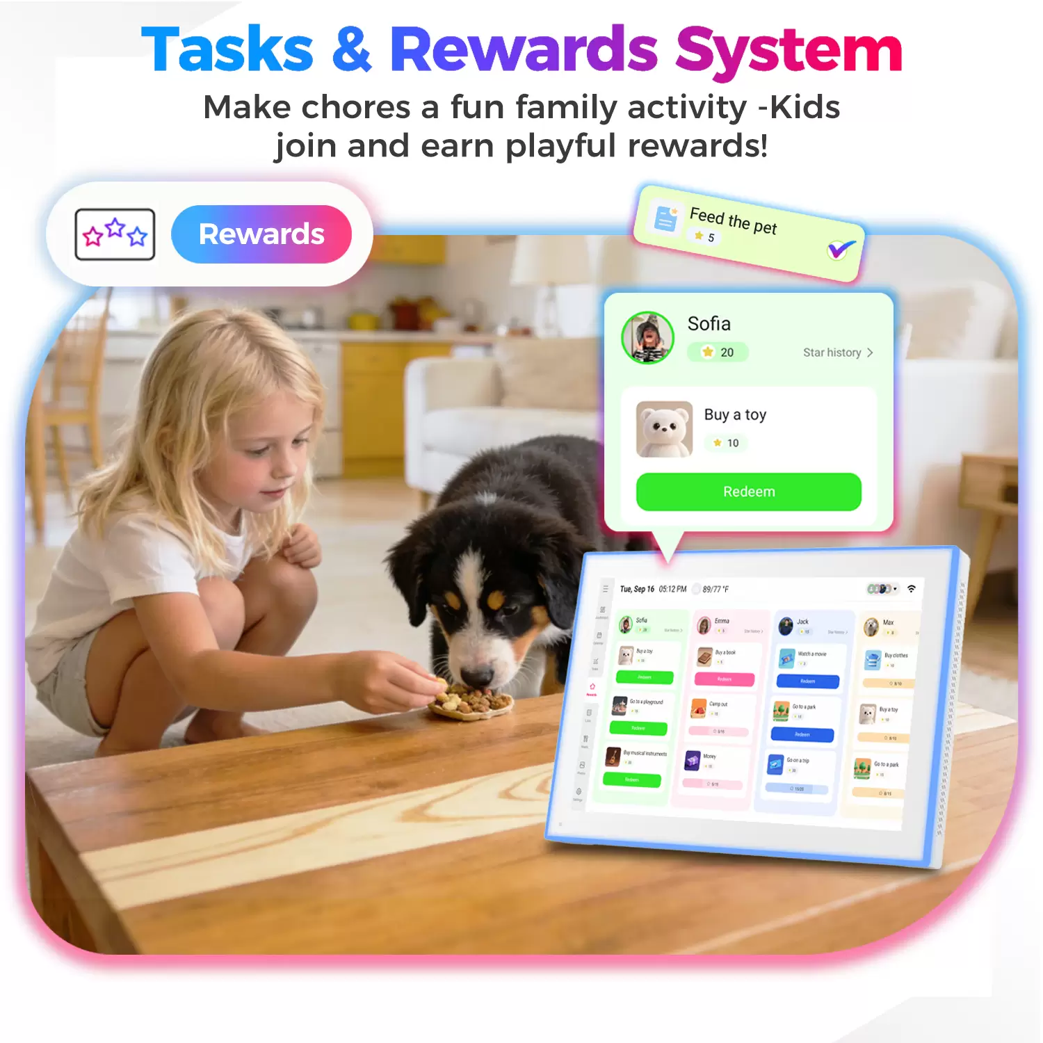 10.1″ Digital Calendar & Chore Chart, LED Reminder Light, Smart Touchscreen Interactive Display for Family Schedules