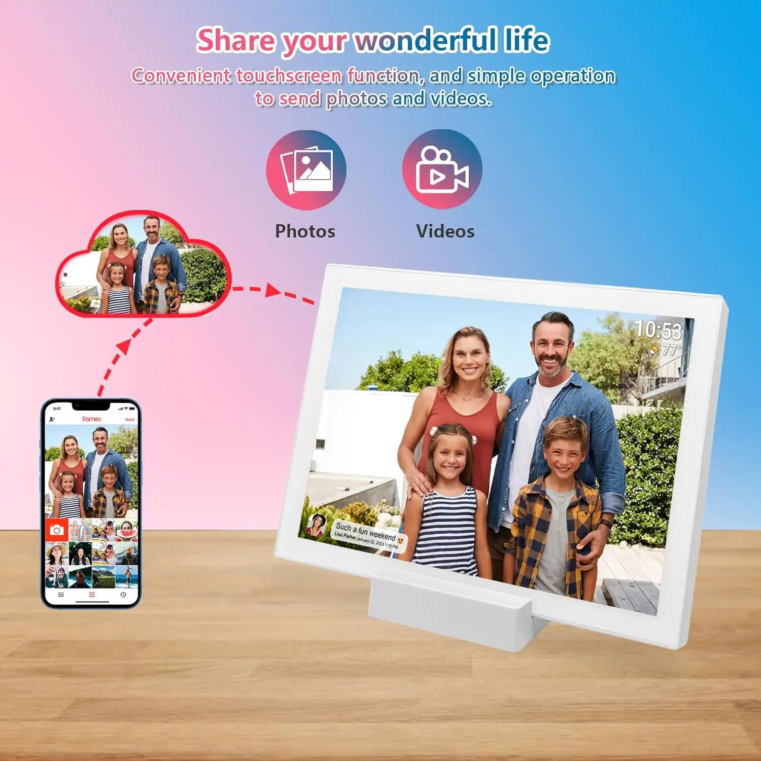 FRAMEO 10.1 Inch WiFi Digital Photo Frame with 5000mAh Battery,1280×800 HD IPS LCD Touch Screen,Auto-Rotate Portrait and Landscape,32GB Storage