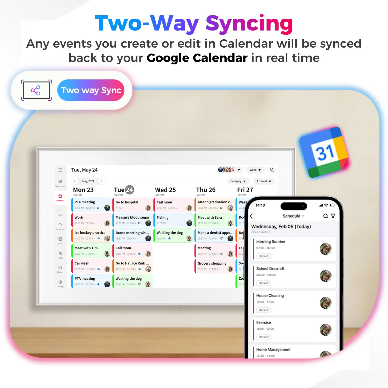 15.6 inch Smart Digital Calendar & Chore Chart, Wall & DeskMount – Smart Family Planner for Daily Schedules, Meal Planning, and Household Organization, Digital Photo Frame Functon